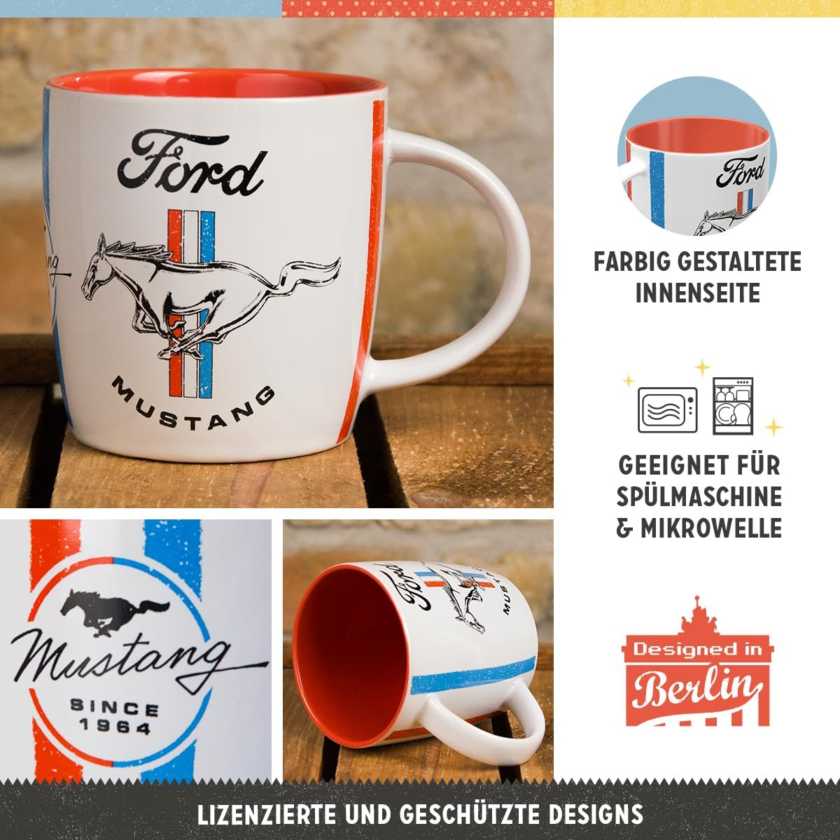 Ford Mustang Pony German Made Barrel Shaped Ceramic Coffee Mug Cup