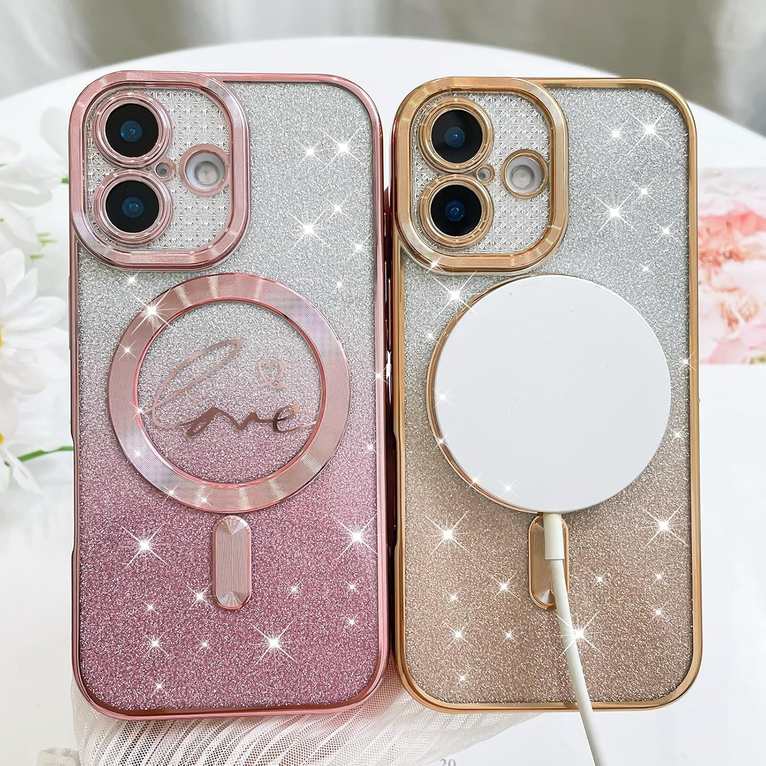 ELEPIK for Iphone 17 Case with Camera Protector, [Full Camera Cover Protection] [Compatible with Magsafe] [Love Heart Plating] [Glitter Bling Plating] Clear Magnetic Slim Phone Case, Gold image number 3