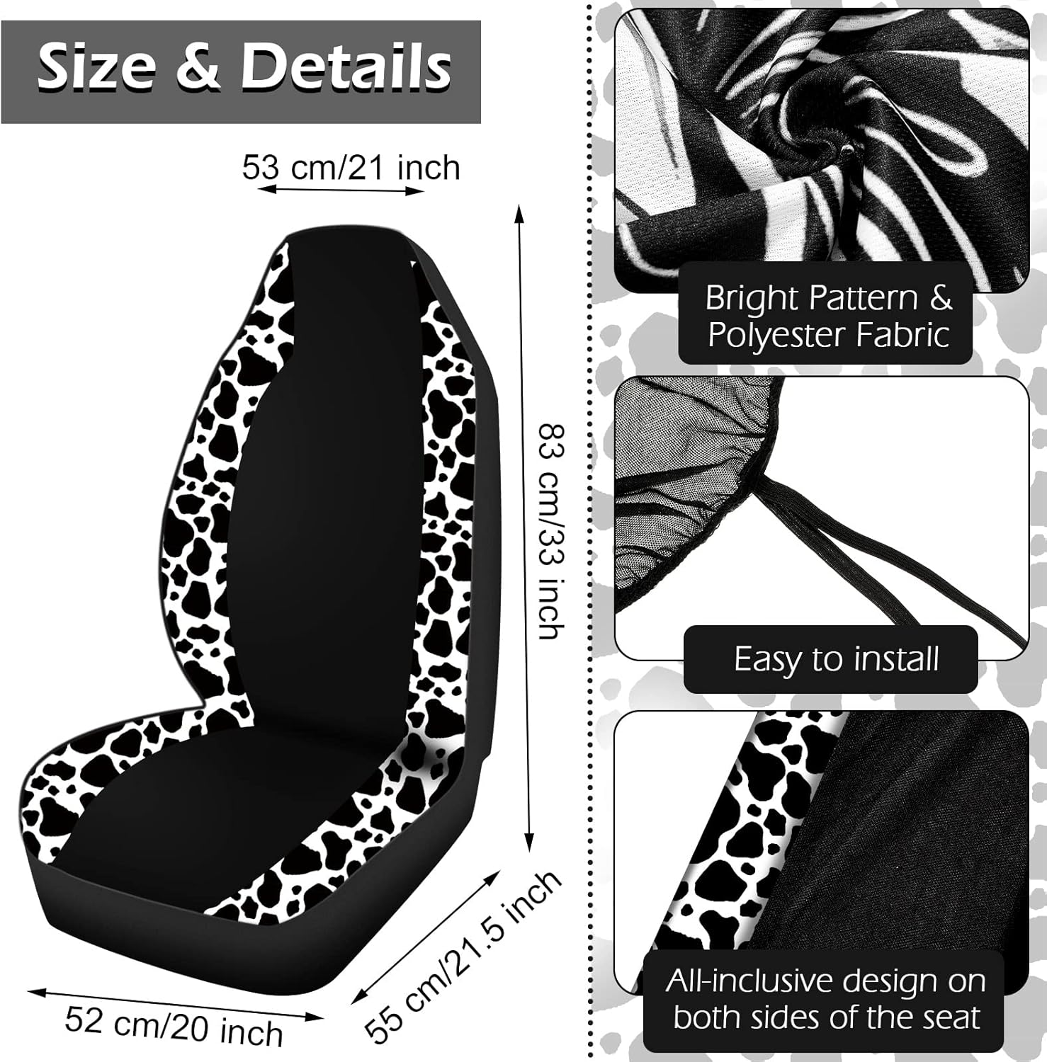 BBTO 26 Pcs Cow Print Car Accessories Cow Print Seat Covers Set Steering Wheel Cup Holders Foot Armrest Pads License Plate Seat Belt Mirror Handbrake Gear Cover Keyring for Truck SUV image number 3