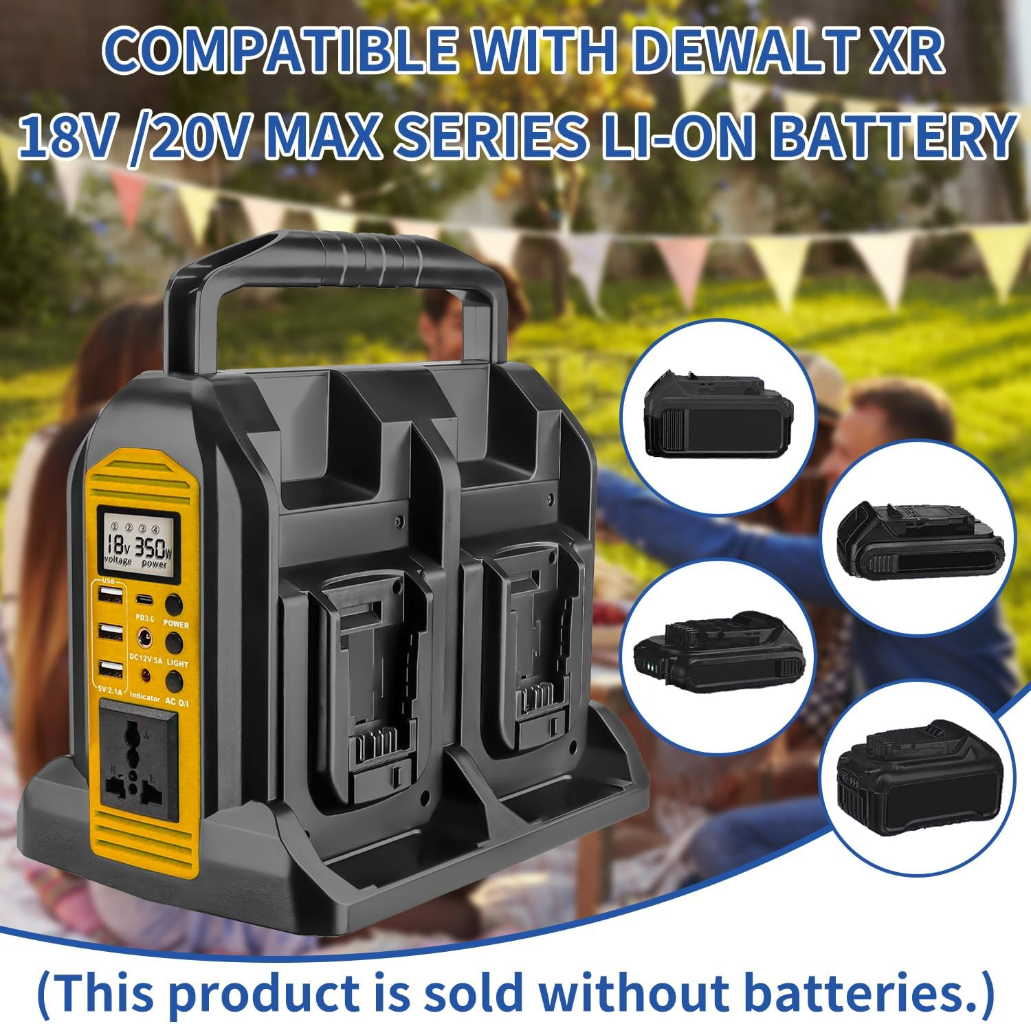 350W Pure Sine Wave Power Inverter Compatible with DEWALT 18V Battery,4-Slot Portable Generator with 3 USB-A, 1 USB-C and LED Display, DC 18V to AC 230V Converter for Outdoor, Camping, Home, Workship image number 3