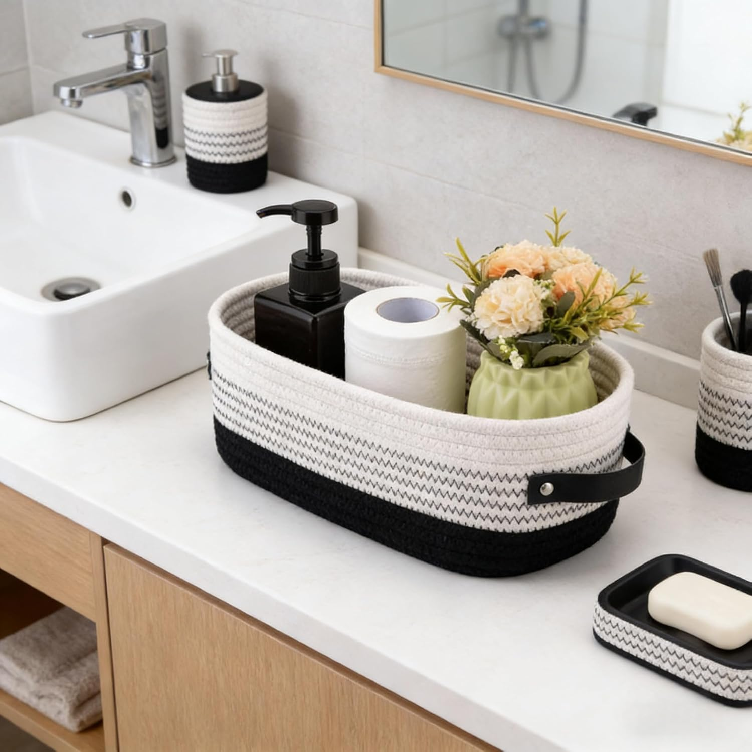 3 Piece Set of Small Basket Cotton Rope Basket Woven Storage Basket for Kids Home Decoration, 100% Cotton Basket Organizer Tabletop Basket Container (Color Blocking) image number 3