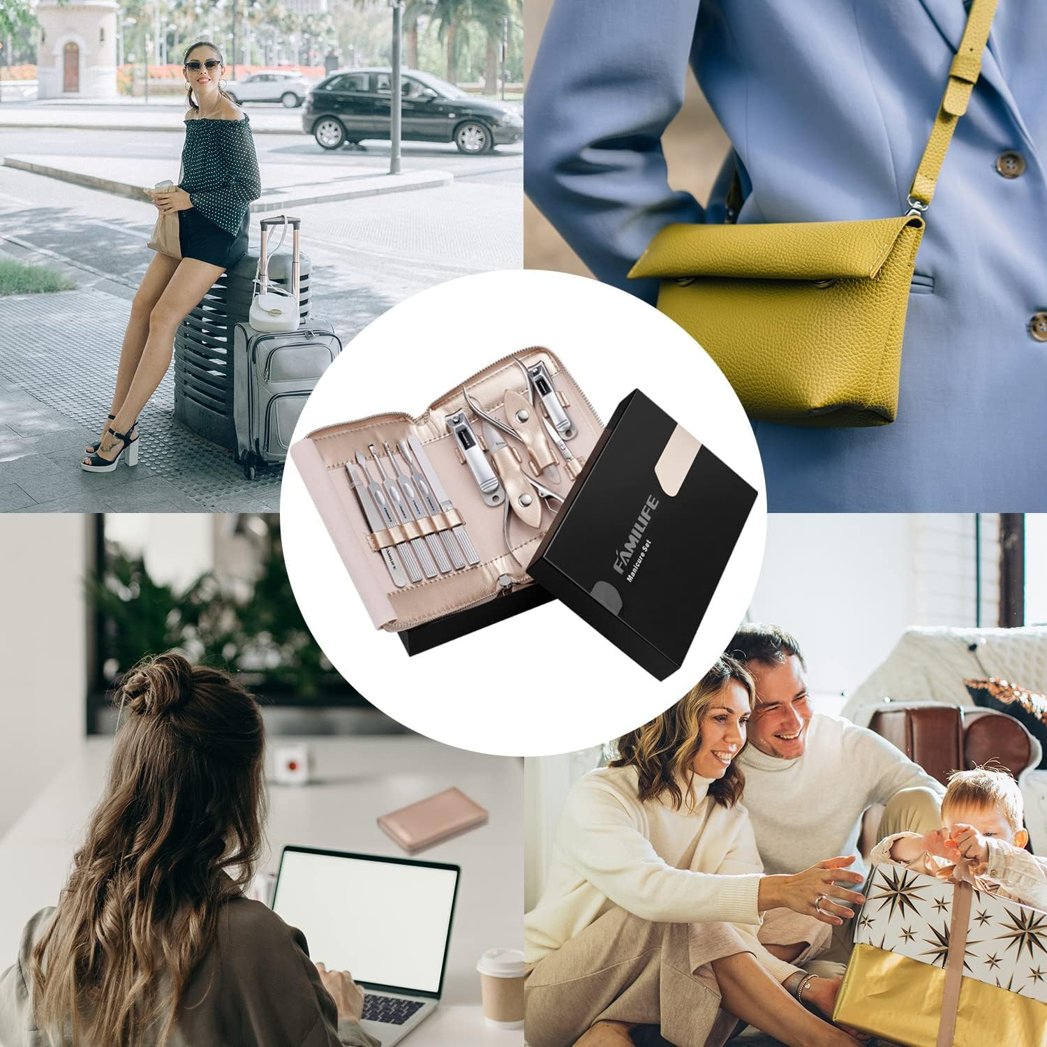 Manicure Set, FAMILIFE Professional Manicure Kit Nail Clippers Set 11 in 1 Stainless Steel Pedicure Tools Kit Grooming Kit with Portable Brown Leather Travel Case for Men (Gold) - Brown-1 image number 5