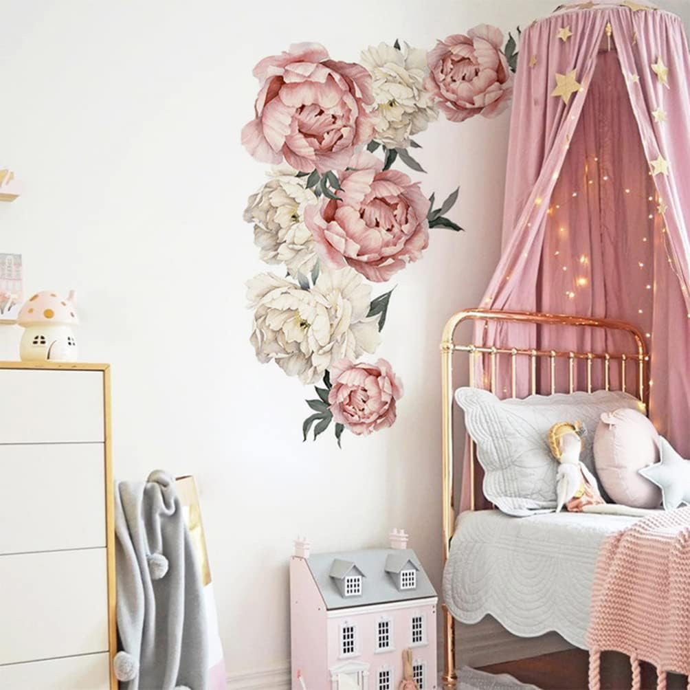 Toyvian Peony Flowers Wall Decal, Removable Peel and Stick Floral Wall Decal Sticker, Large Size Peony Rose Wall Sticker for Kids Nursery Living Room Bedroom Wallpaper Murals, Pink image number 3