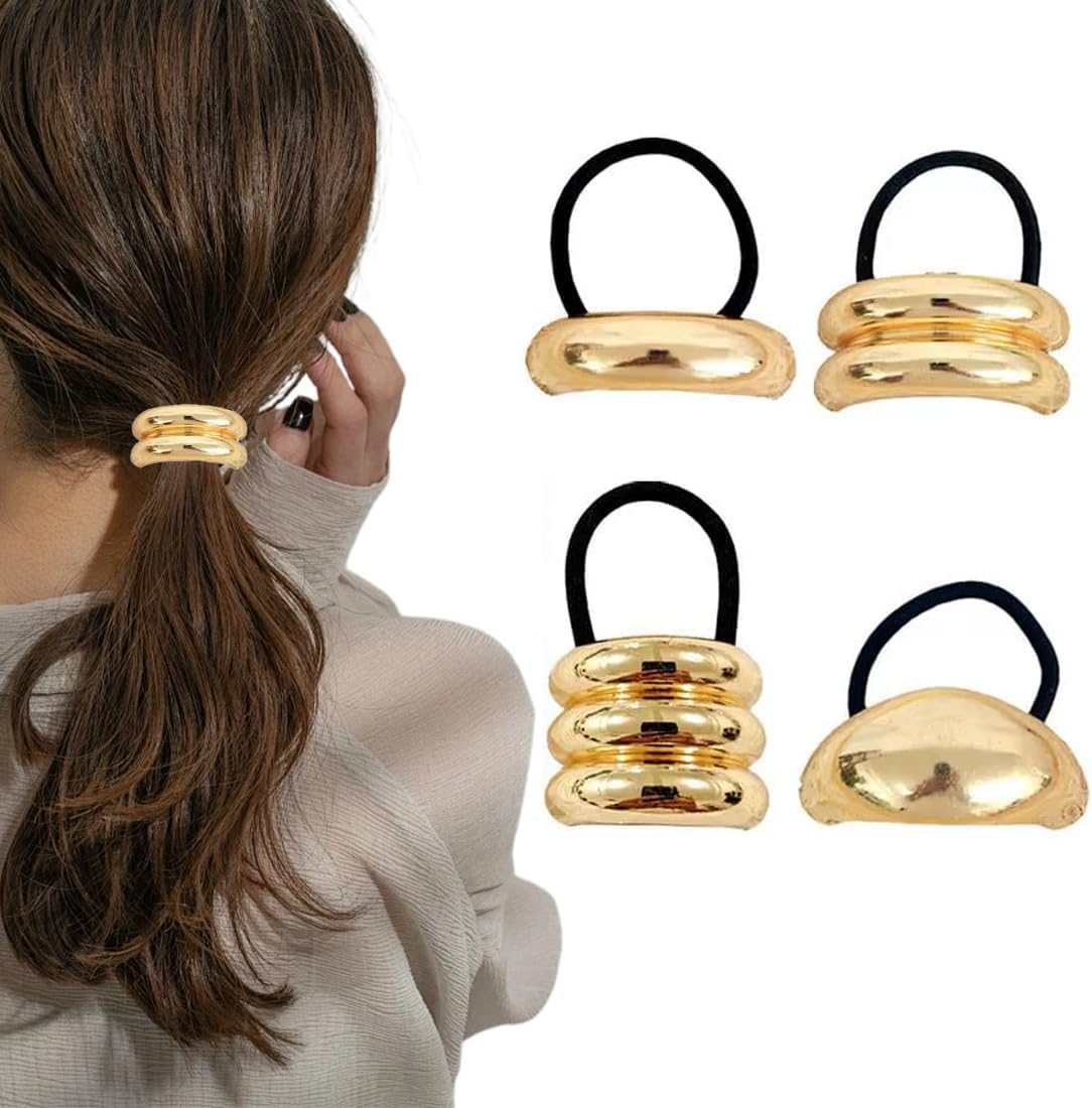 Pack of 4 Metal Hair Bobbles for Ponytails, Hair Cuffs for Ponytail, Metal Hair Cuff, Hair Scrunchie, Gold image number 4