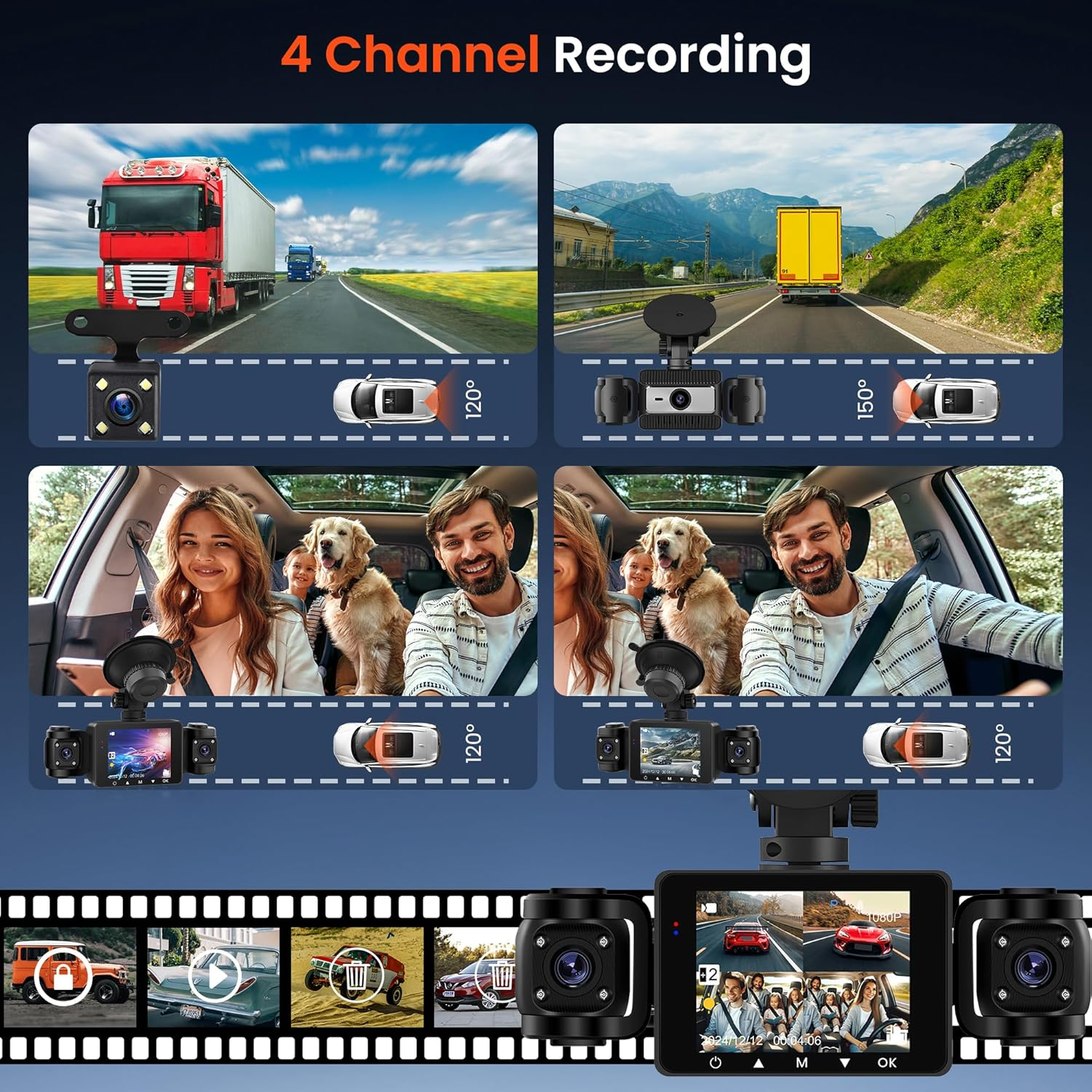 Dash Cam 4 Channel Front and Rear inside Side, Four Way Dashcam for Car, 1080P, 360 Full Protection, Night Vision, Loop Recording, G-Sensor, Parking Aid, 24H Parking Meter, Rear View image number 3