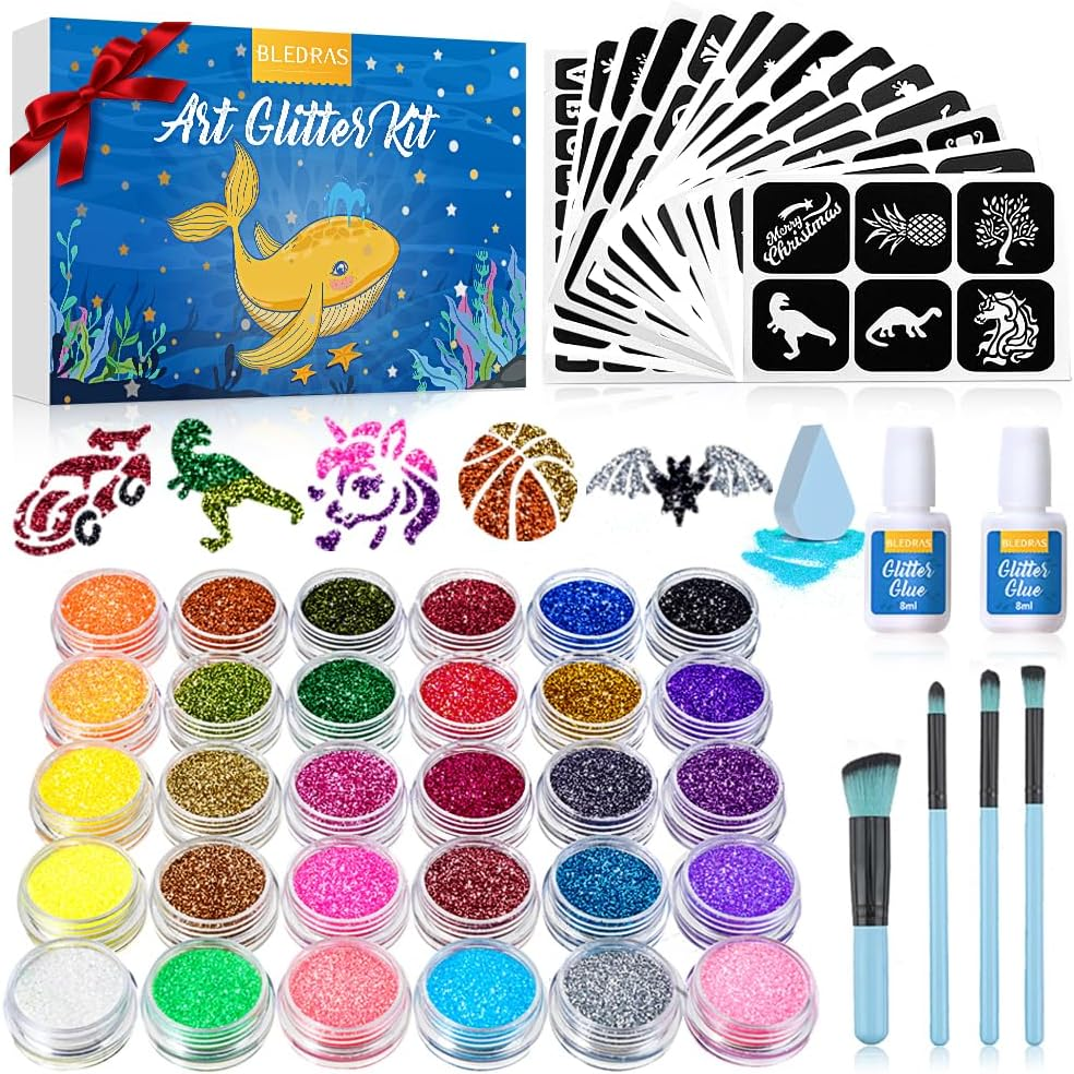 Glitter Tattoo Kit, Bledras 30 Colors Temporary Tattoo Set for Girls, 147 Stencils, 4 Brushes, 2 Glue, Glitter Tattoos for Kids or Adults, Gifts for Girls Boys, Halloween Birthday Festival Party