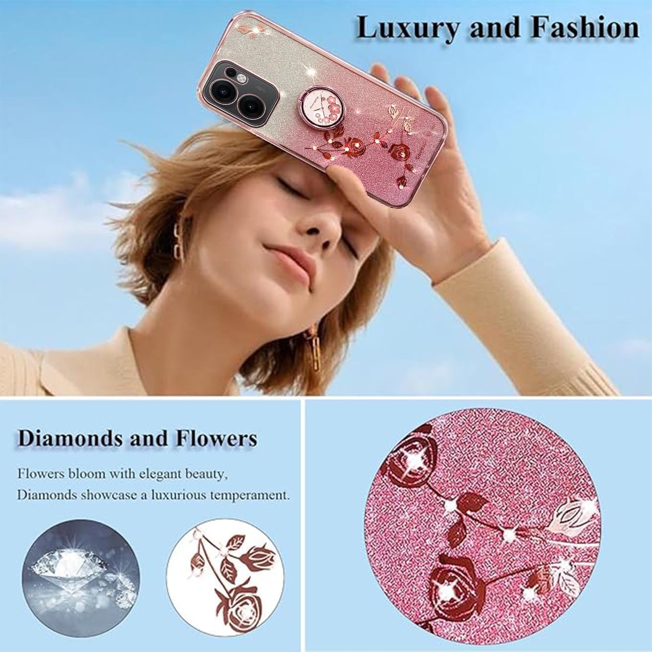 YUEQIAN Glitter Case for Oppo Reno13 F 5G/Reno 13F 4G/Reno13 FS, Ultra Thin Transparent Soft TPU Silicone Shockproof Mobile Phone Case, Shiny Diamond Flowers Ring Stand Women Protective Case Pink image number 6