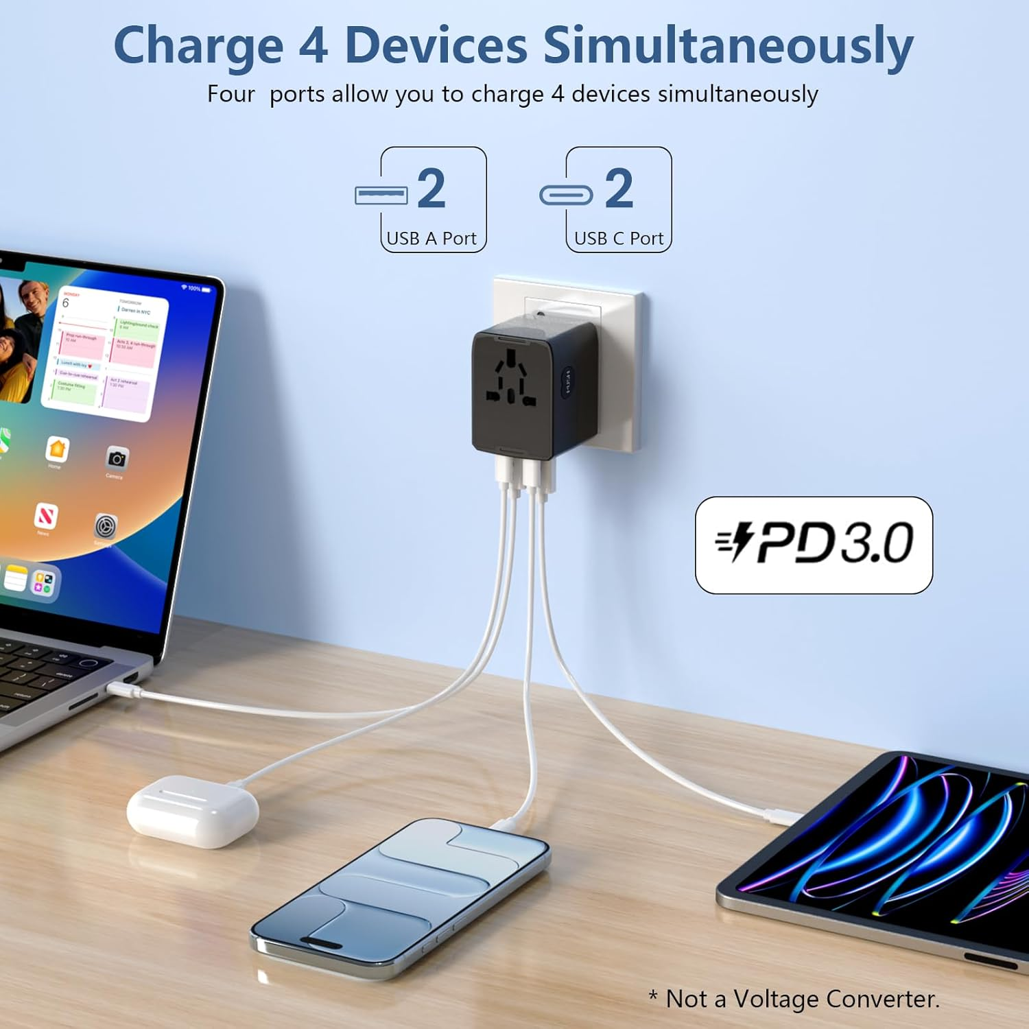 Universal Travel Adapter Worldwide, 54W International Power Adapter with 2 USB-A and 2 USB-C Ports,All-In-One Fast AC Wall Charger Outlet Wall Charger for USA Europe UK EU AUS (Type C/G/A/I),Black image number 4