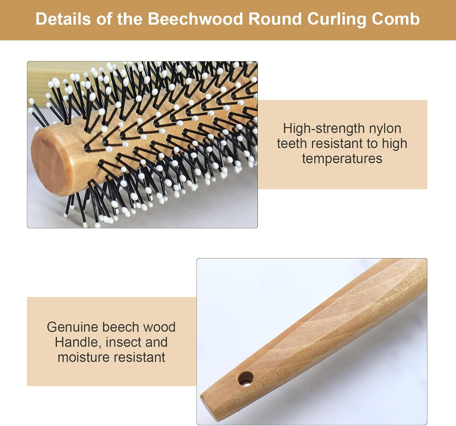 Round Curling Comb with Original Wooden Handle Made of Pure Beech Wood,Gentle Nylon Bristles,For All Hair Styles,Natural and Gentle Hair Brush (Yellow) image number 6