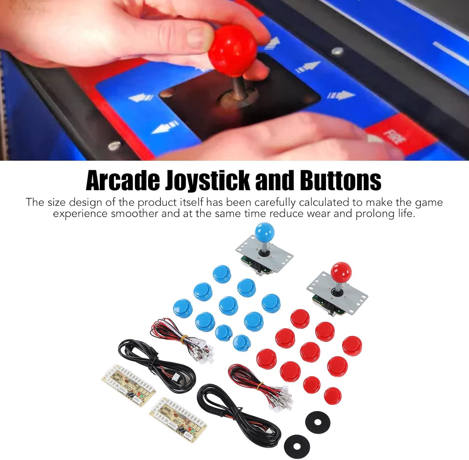 Kit, 2 Player Game DIY USB Board Encoder Joystick Buttons Set, Compatible with Home Console, Fighting Game Console, Friends Gathering (Blue Red) - Blue Red image number 4