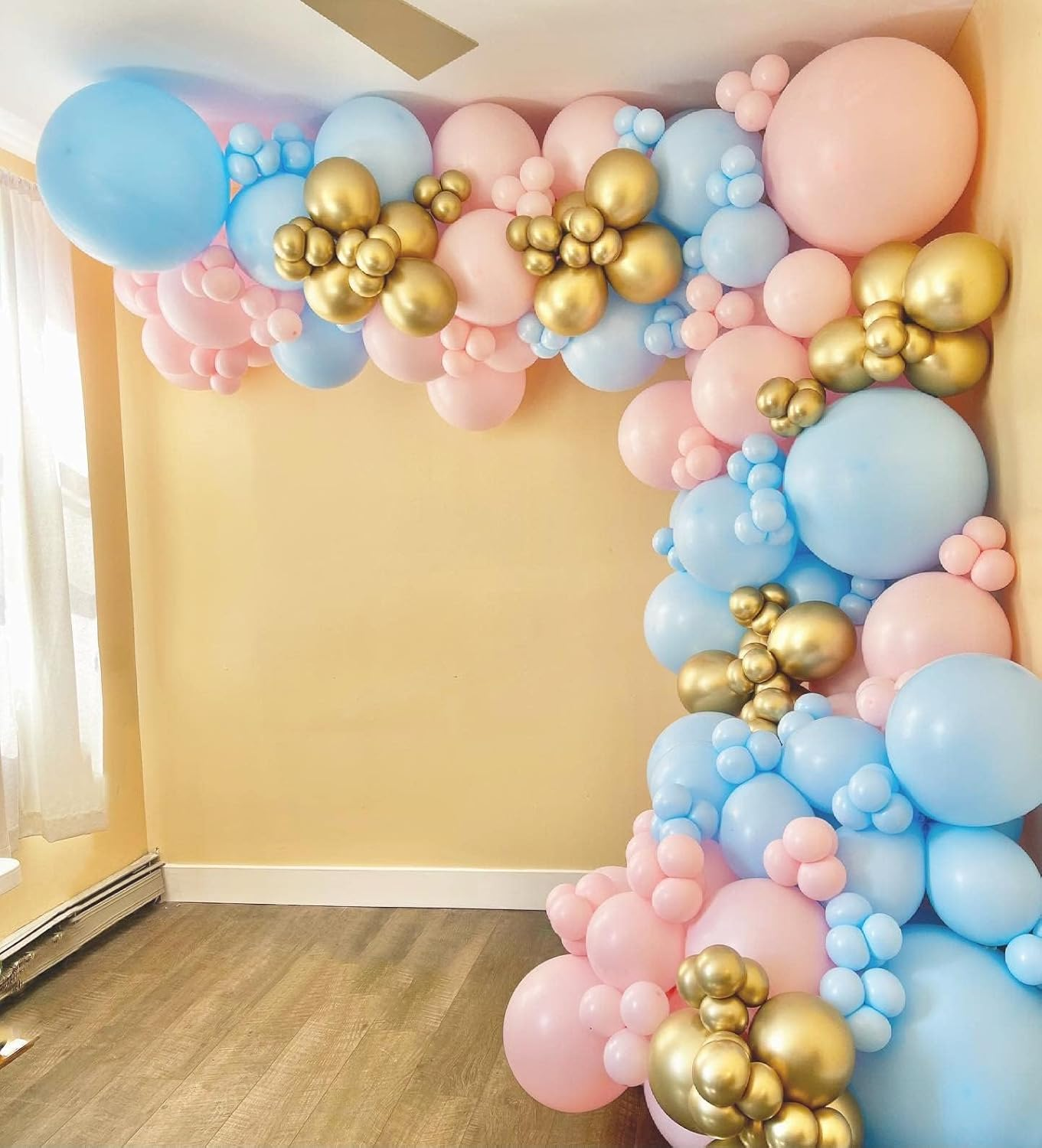 DIY 120PCS Gender Reveal Balloon Garland Kits Chrome Metallic Latex Balloons 12Inch Pearl Balloons for Birthday Party Celebration Wedding Gender Reveal He or She Boy or Girl (Pink Blue Gold)