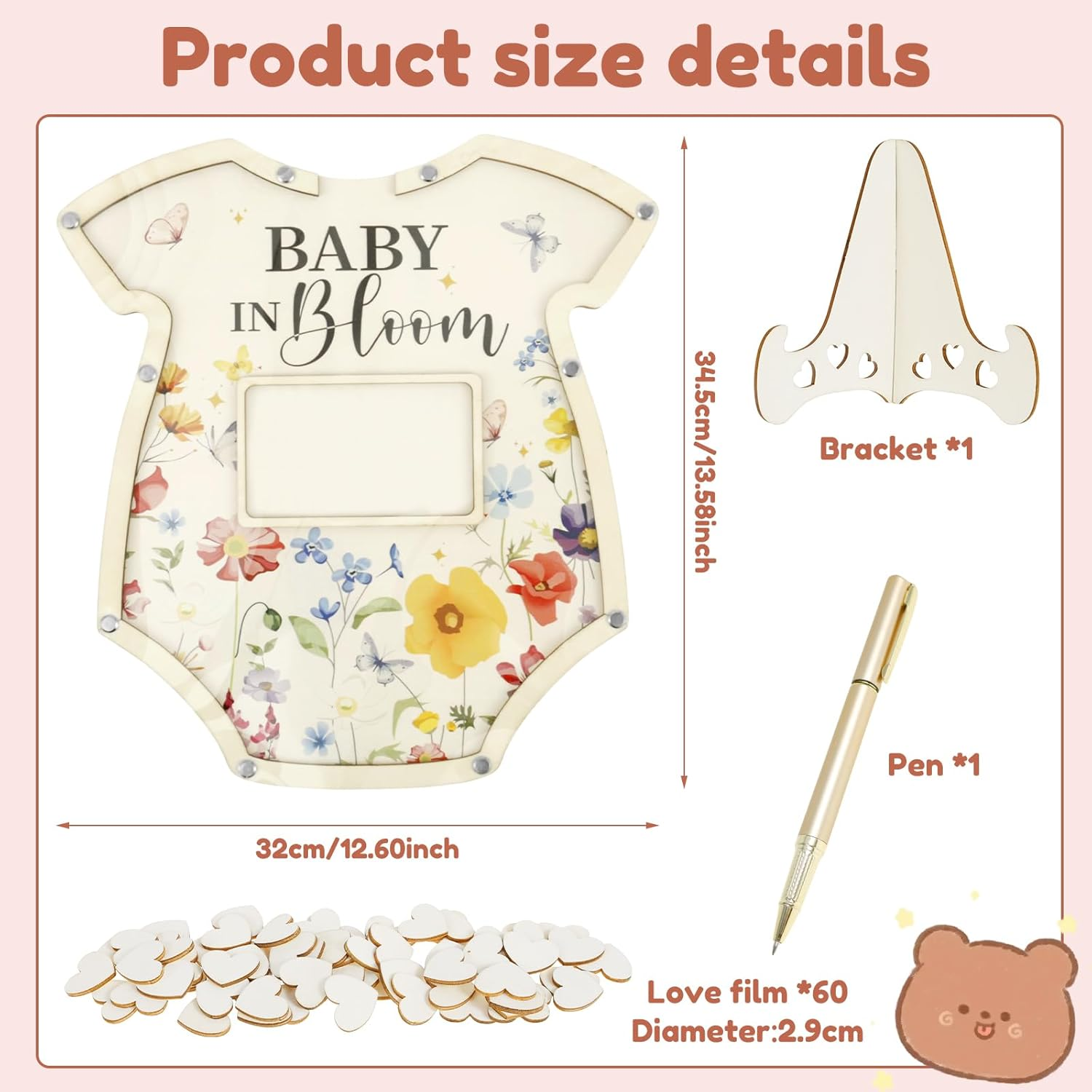 Wood Baby Shower Guest Book Record Growth Baby Shower Picture Frame with Stand and Pen Guest Book Alternative for Party image number 4