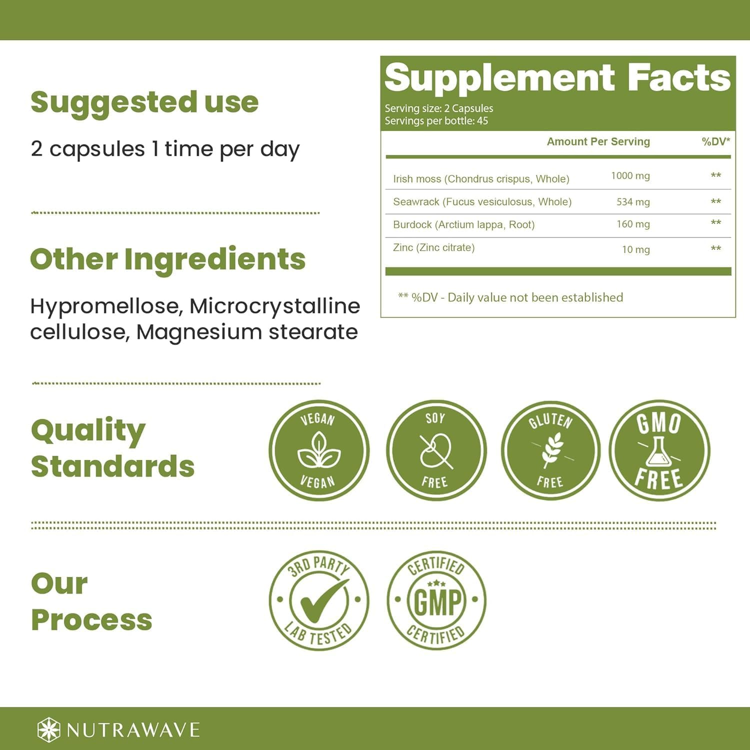 Nutrawave Irish Sea Moss Capsules (2 Capsules per Serving). 90 Capsules image number 1