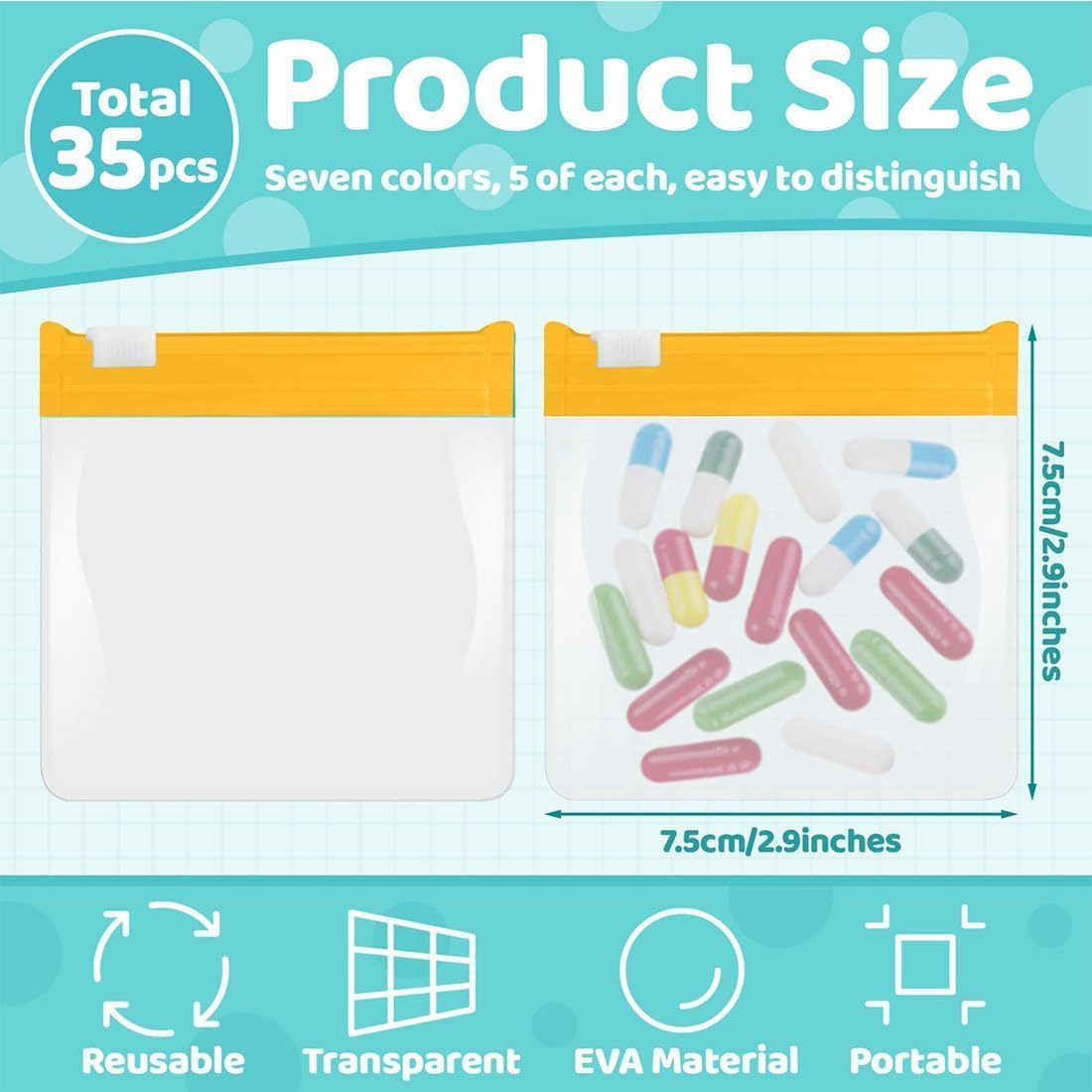 35Pcs Pill Pouch Bags Zippered, Reusable Translucent Medicine Pill Organizer Vitamin Organizer Set, Portable Pill Baggies Small Zippered Pouches for Travel Office School (7 Colors) image number 2