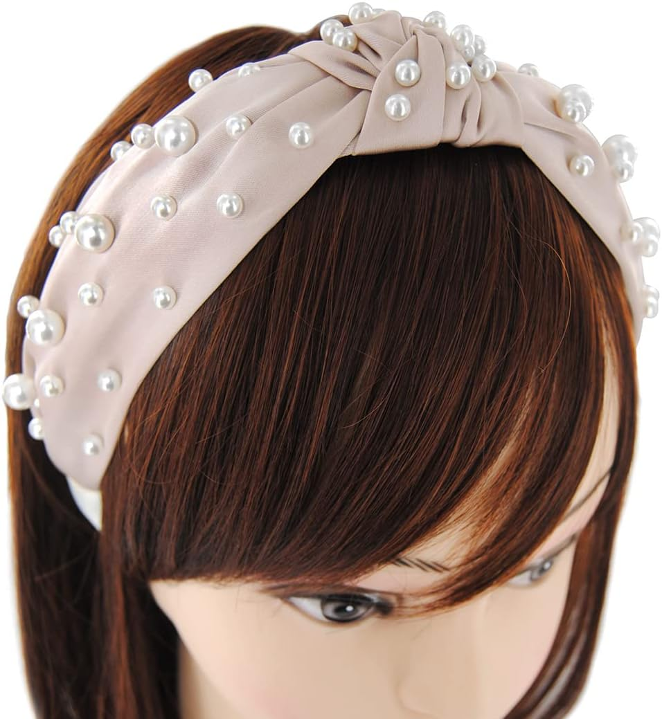 Axy HR35AP Headband with Pearls and Knot Satin Covered Vintage Beautiful Headband Hair Accessories Women'S Headband (Taupe)