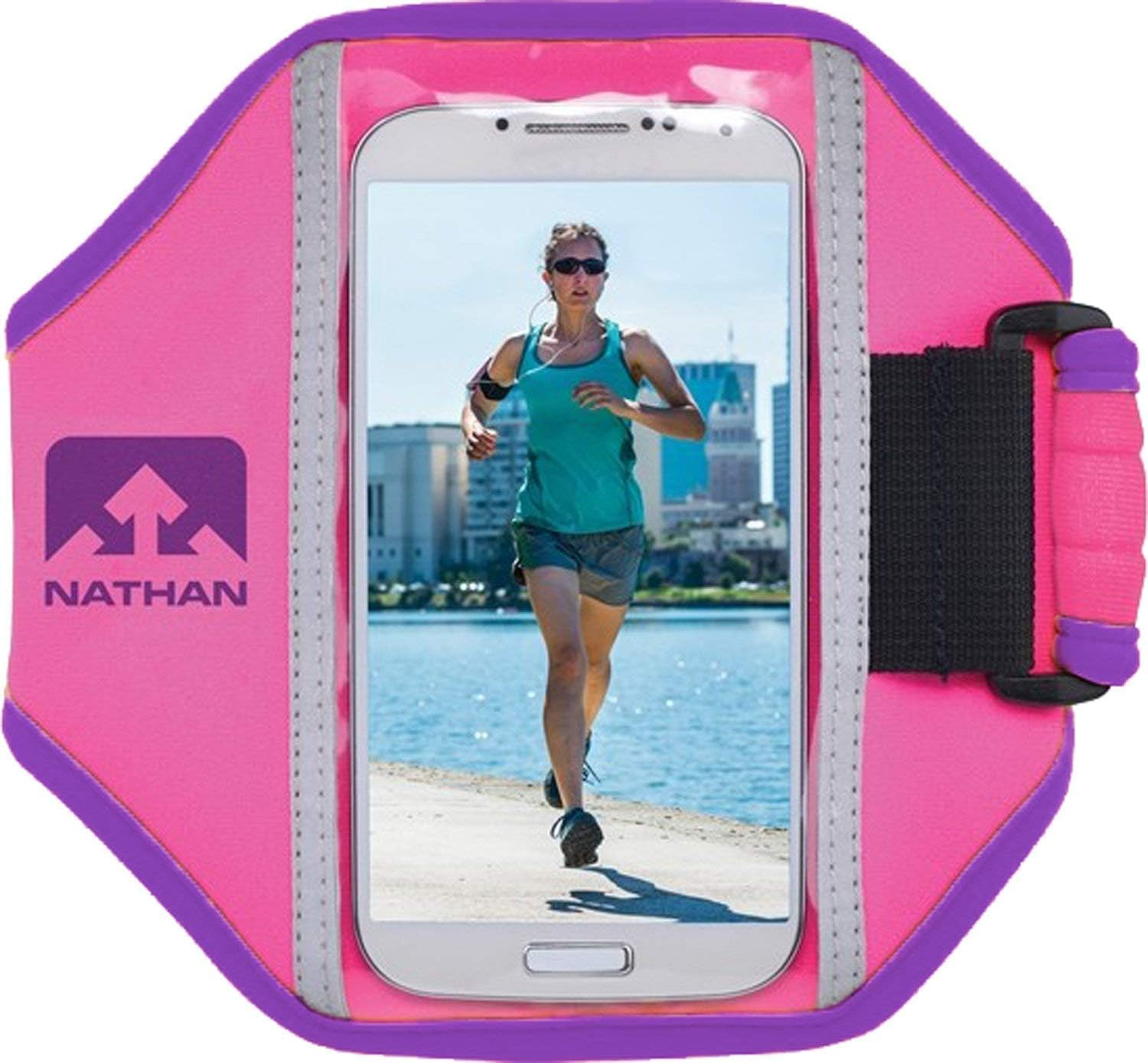 Nathan Running Armband Super 5K Universal Fitting. Perfect for Running, Biking, Hiking and More. Iphone, Samsung, Note, Galaxy. Arm Band Phone Carrier. - Blue/ Safety Yellow image number 5