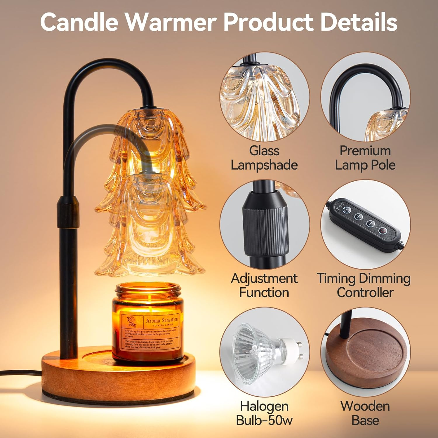 Roshin Candle Warmer Lamp Timer & Dimmable Electric Candle Warmer for Scented Jar Candles, Elegant Home Decor Candle Lamp for Bedroom, Living Room, Gift image number 6