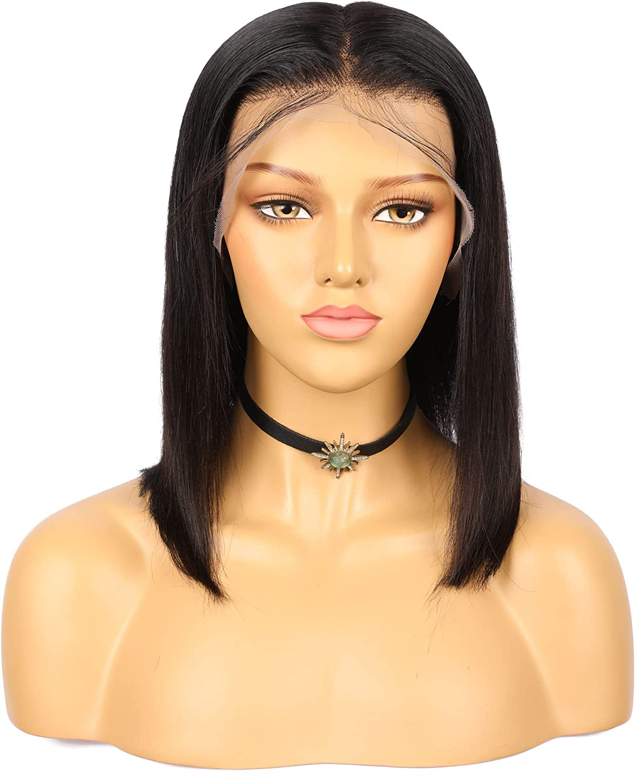 Black Human Hair Lace Front 13-4 Women Gule-Less Wig,12 Inch Bob Straight Hair Style 150% Density Wig image number 2
