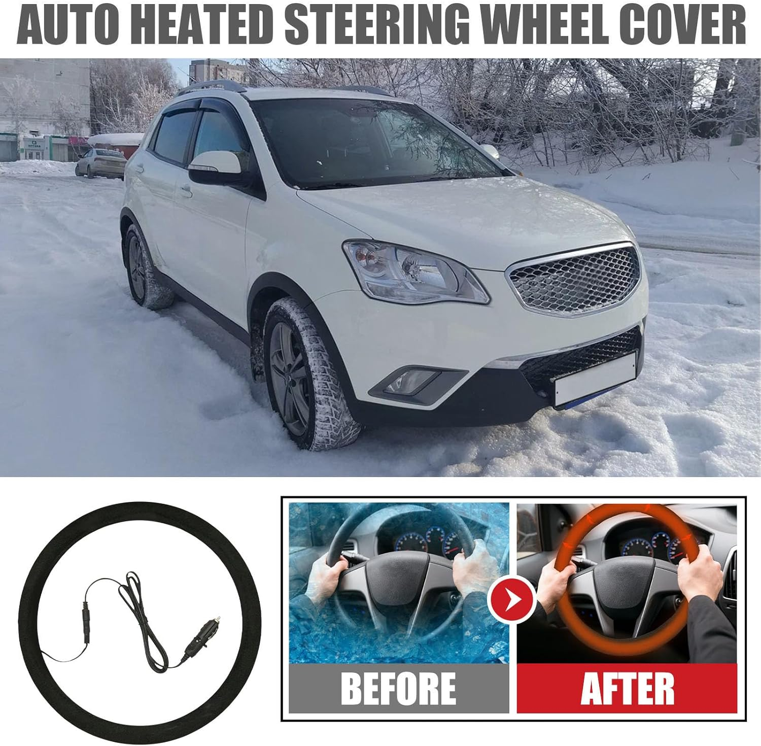 Heated Steering Wheel Cover, 15In Steering Wheel Heater, Auto Steering Wheel Warmer, Universal for 38Cm Diameter Steering Wheel image number 2