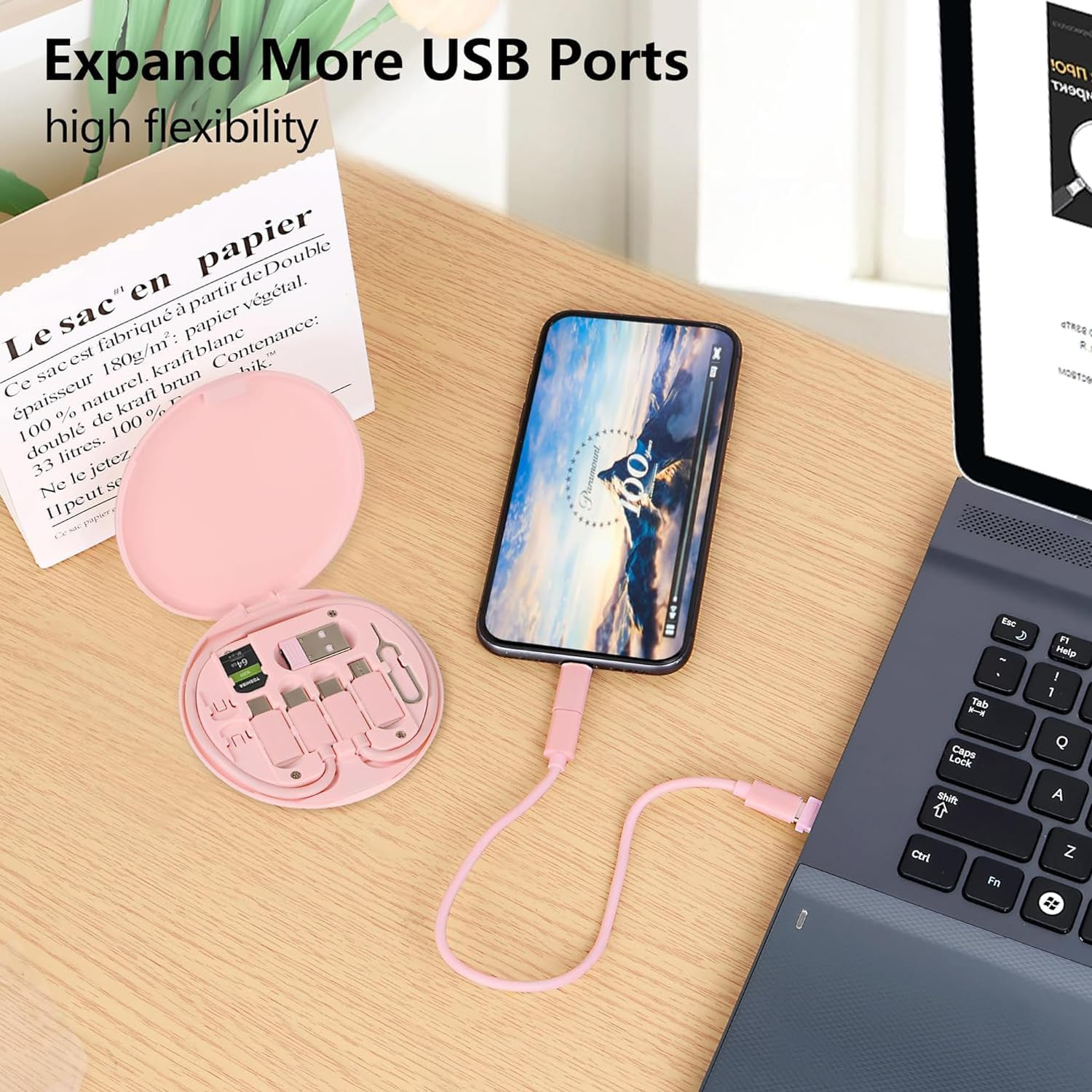 USB Adapter Multi-Type Charging Cable Kit, Cable Gadgets Box, USB a & Type C to Male Micro/Ios Device, Storage, Tray Eject Pin, Phone Holder, Data Transfer image number 6