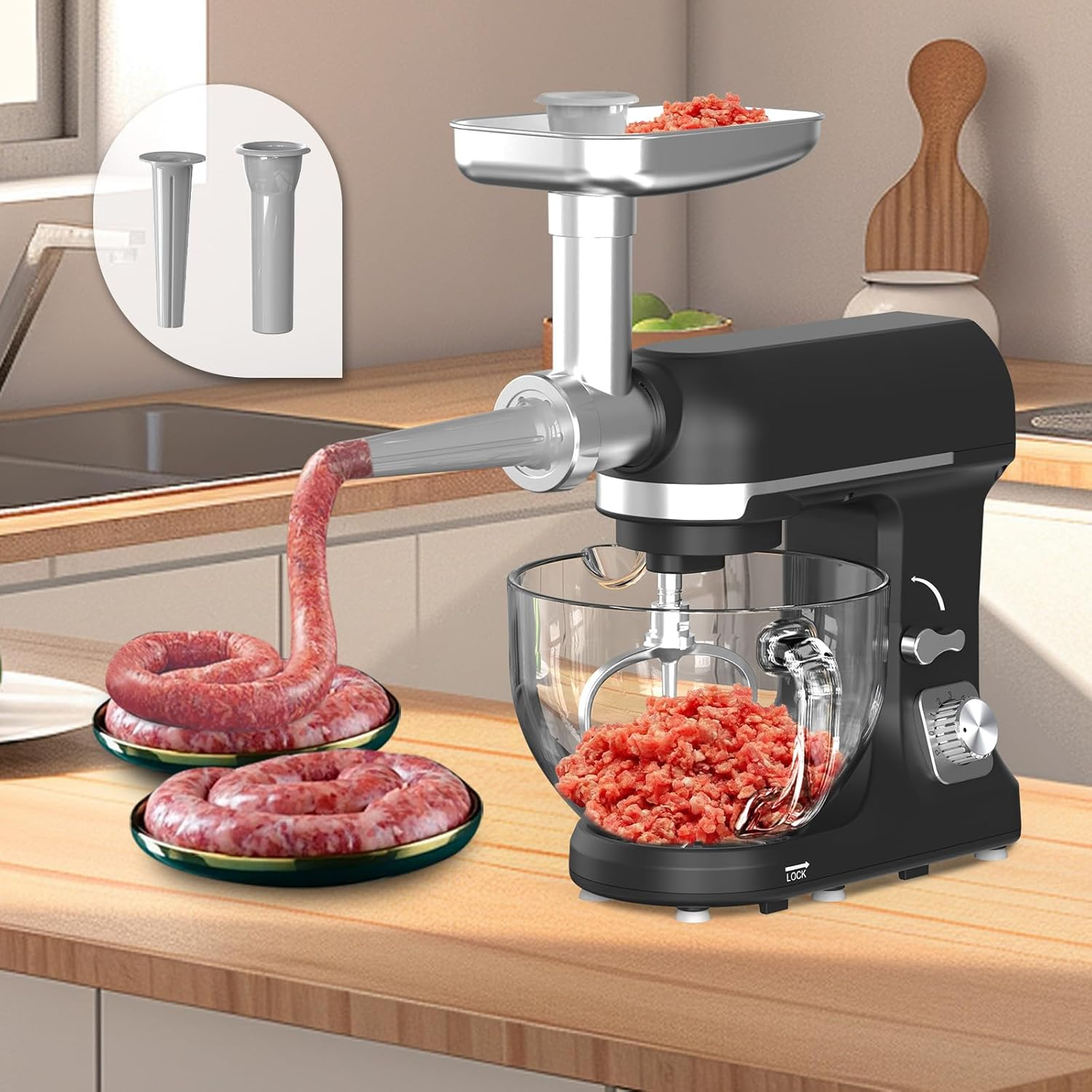 YOPOWER Stand Mixer, 6-Speed Multi-Function Food Processor & Kitchen Machine with Dough Hook, Whisk, Beater, Pasta Maker, Meat Grinder & Sausage Stuffer, Electric Food Mixer for Baking & Cooking image number 3