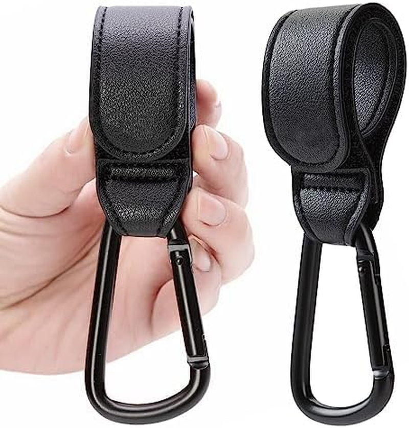 2 Pack Stroller Hooks Durable Leather Style Adjustable Carabiner Clips for Diaper Bags, Grocery Shopping & More Fits Nuna, Uppababy, BOB Strollers, Bikes, Scooters & Wheelchairs