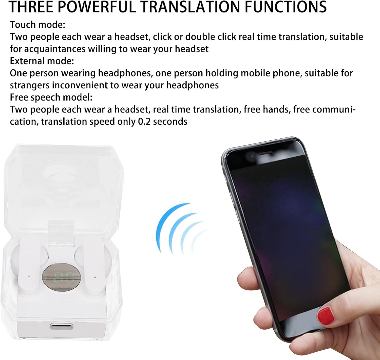 Voice Translator Earphones, Voice Translator Device with 74 Languages and 70 Online Accents, Headphones for Bidirectional Simultaneous Translation, Suitable for and Android (White) image number 5