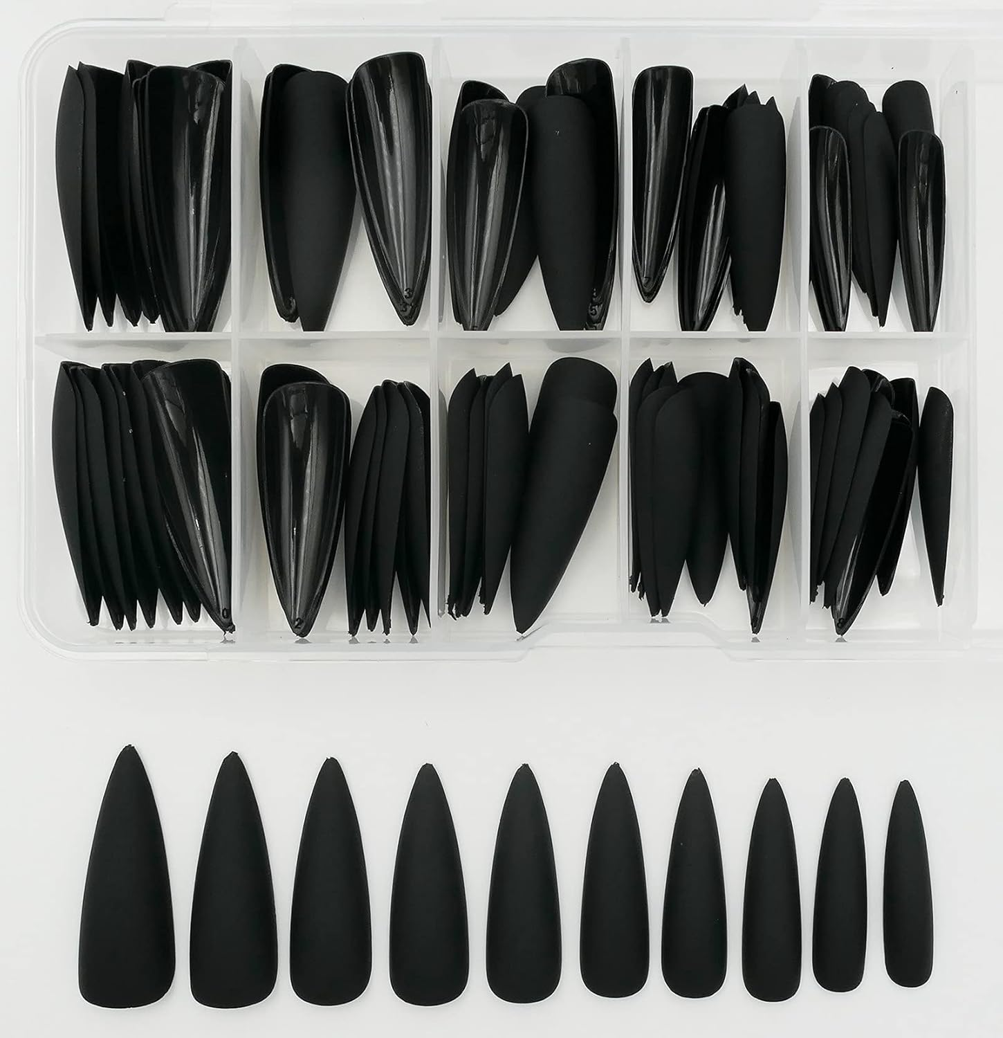 Loveourhome 100Pc Stiletto Press on Nails Long Matte Artificial False Nails Full Cover Acrylic Nail Tips Halloween Manicure Design Decor for Women Girls Salon Home DIY (Black) image number 2