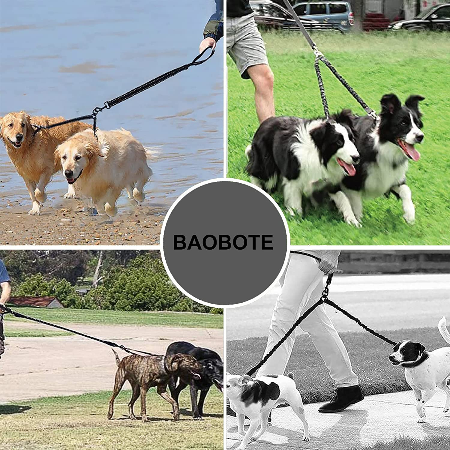 BAOBOTE Pet Double Dog Leash, Shock Absorbing Reflective Bungee Lead Walk 2 Dogs with Ease, 360&deg; Swivel No Tangle Double Dog Walking & Training Leash, Dual Dog Leash for 6-120Lbs Dogs (Black)