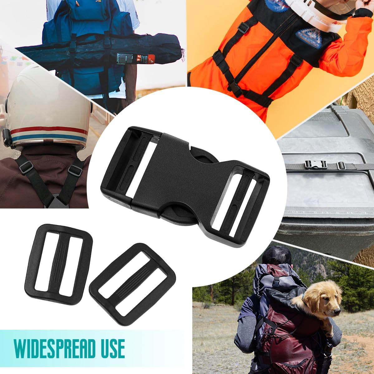 10 Set 1 Inch Buckles for Straps with 20 Pcs Tri-Glide Slide Clip, Quick Side Release Plastic Buckle Clip, Fit 1 Inch Wide Nylon Webbing Canvas Strap (Black), Black image number 2