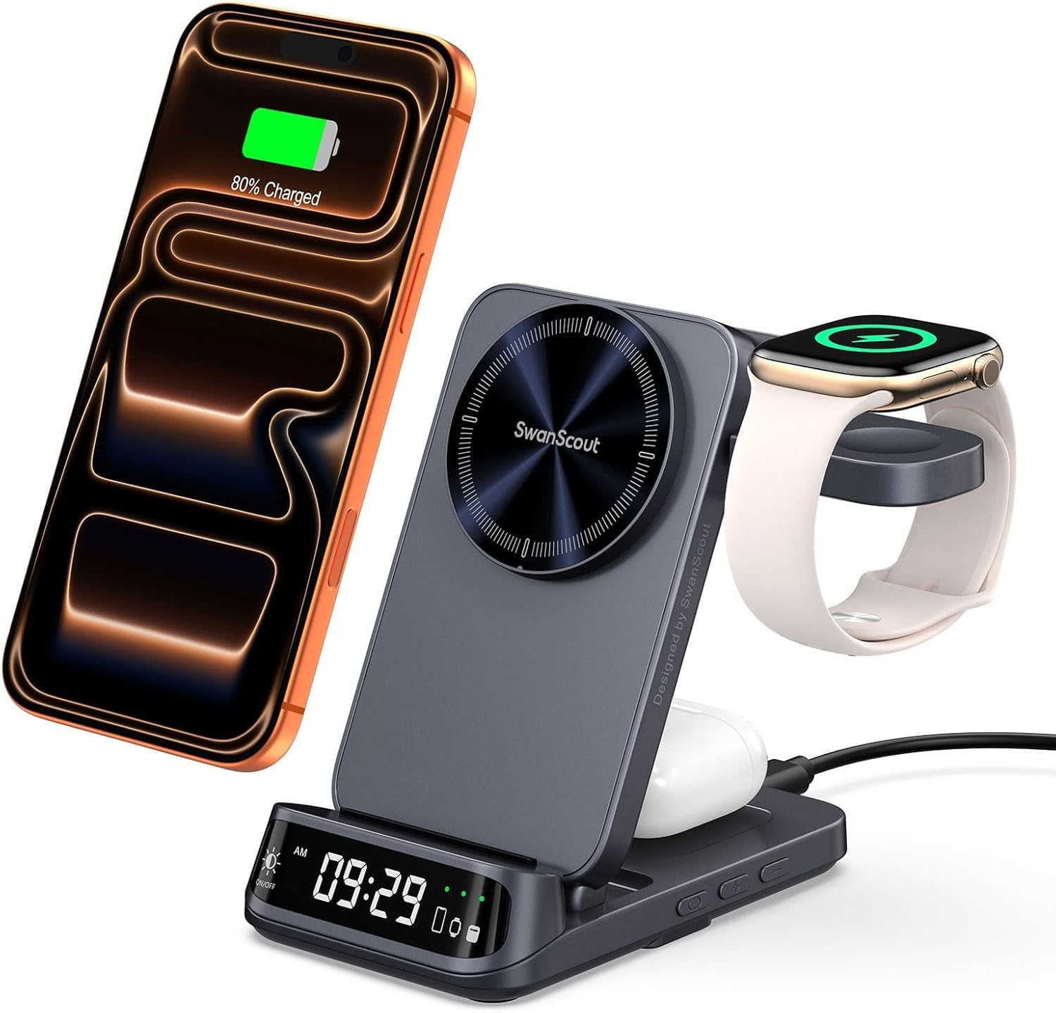 Magnetic Charging Station for Iphone 17/Air, 3 in 1 Wireless Charger for Iphone 16/15/14/13, Charger Stand for Apple Watch 11/Ultra 3/SE 3/10/9/8/7/Ultra 2, Swanscout 708M