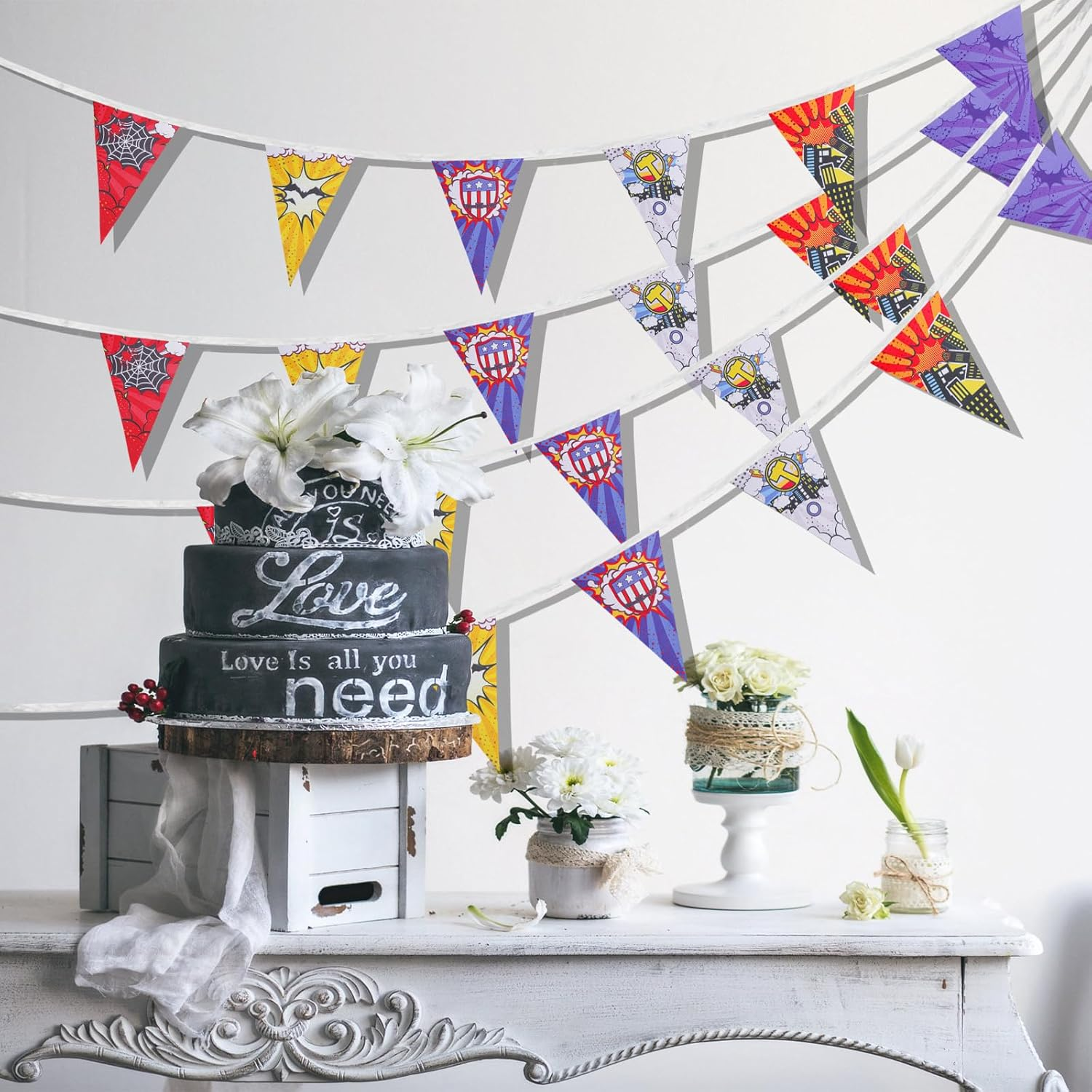 36 Pcs Hero Triangle Banner, 11M/36Ft Colorful Hero Theme Pennant Banner Flags Cartoon Theme Party Decorations Hero Flag Backdrop for Kids Birthday Baby Shower Photo Decoration