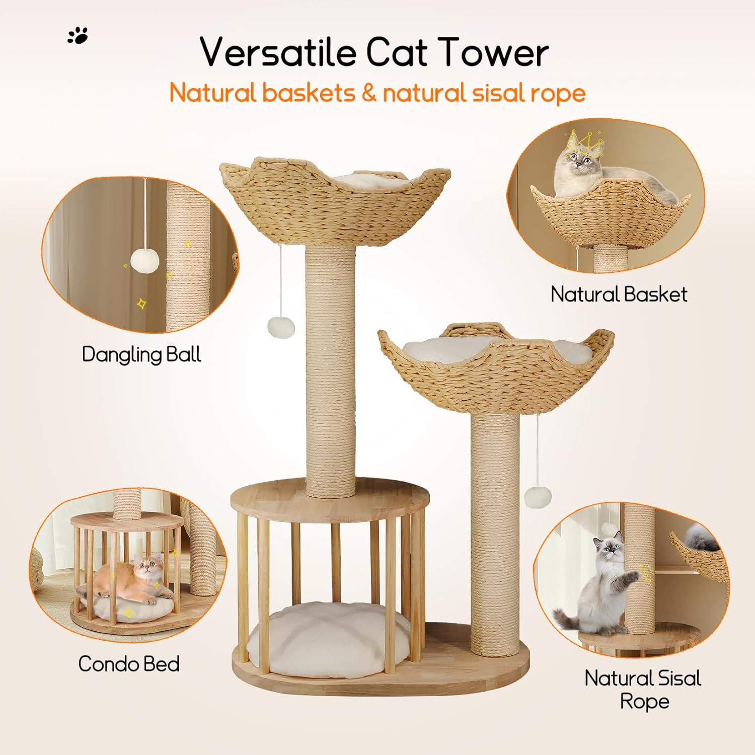 Bingopaw Wooden Cat Tower Tree: 3-Tier Kitten Tree Activity Tower Condo Furniture with Plush Cushion Cozy Rest Dangling Ball Sisal Scratching Post Indoor 60X40X99Hcm
