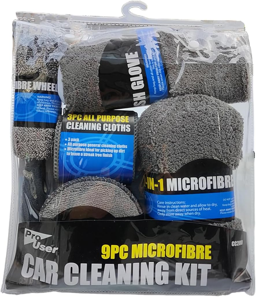 AIMALL 9PCS Microfibre Car Cleaning Kit with Wash Mitt, Wheel Brush, Waxing Sponge, Drying Towels and Polishing Cloths for Interior Exterior Auto Detailing