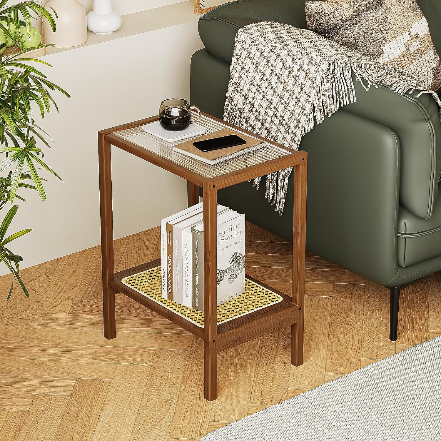 Bamworld Rattan Side Table Boho Nightstand Mid Century Modern End Table Glass Bedside Table Small End Tables Bamboo Coffee Table with Storage Record Player Stand for Living Room Bedroom