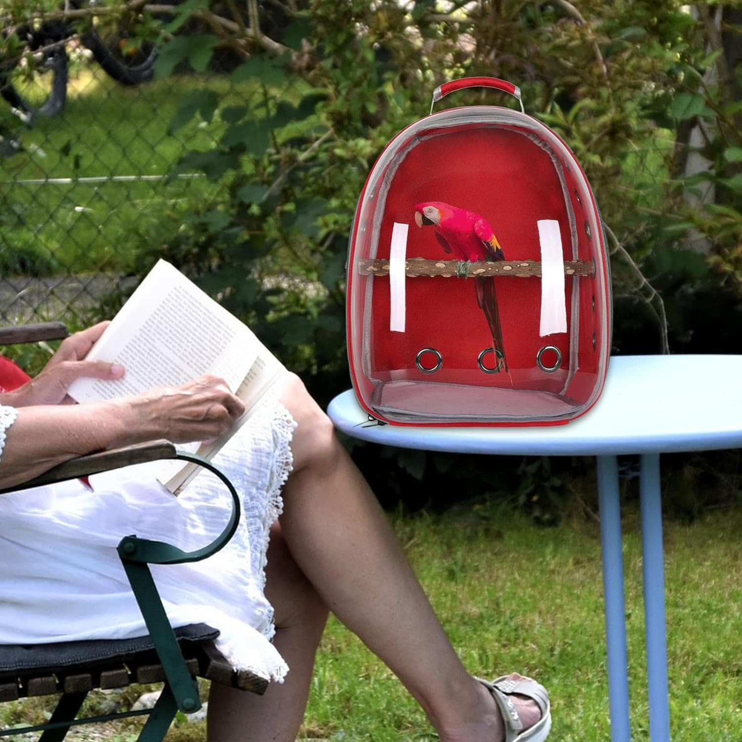 KESOTO Bird Carrier Bag Pet Backpack Parrot Cage Transparent Cover Travel Large Space Carry Bag for Parakeets Hiking Finches, Red image number 3