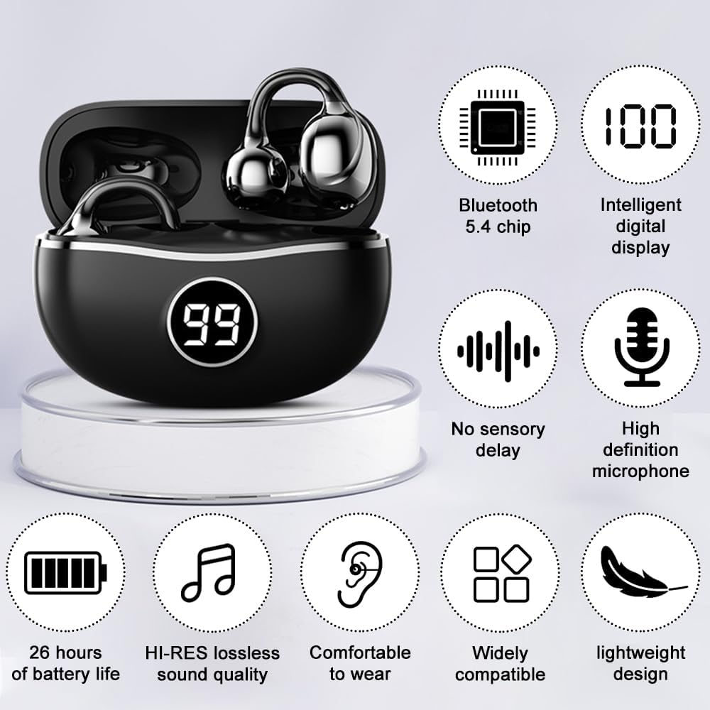Horuili&reg; Open Bluetooth Headset, Wireless Ear Clip Headphones, Wireless Bluetooth 5.4, Open Ear Bluetooth Headphones, Noise Reduction, Dynamic Equalizer, 3D Sound image number 1