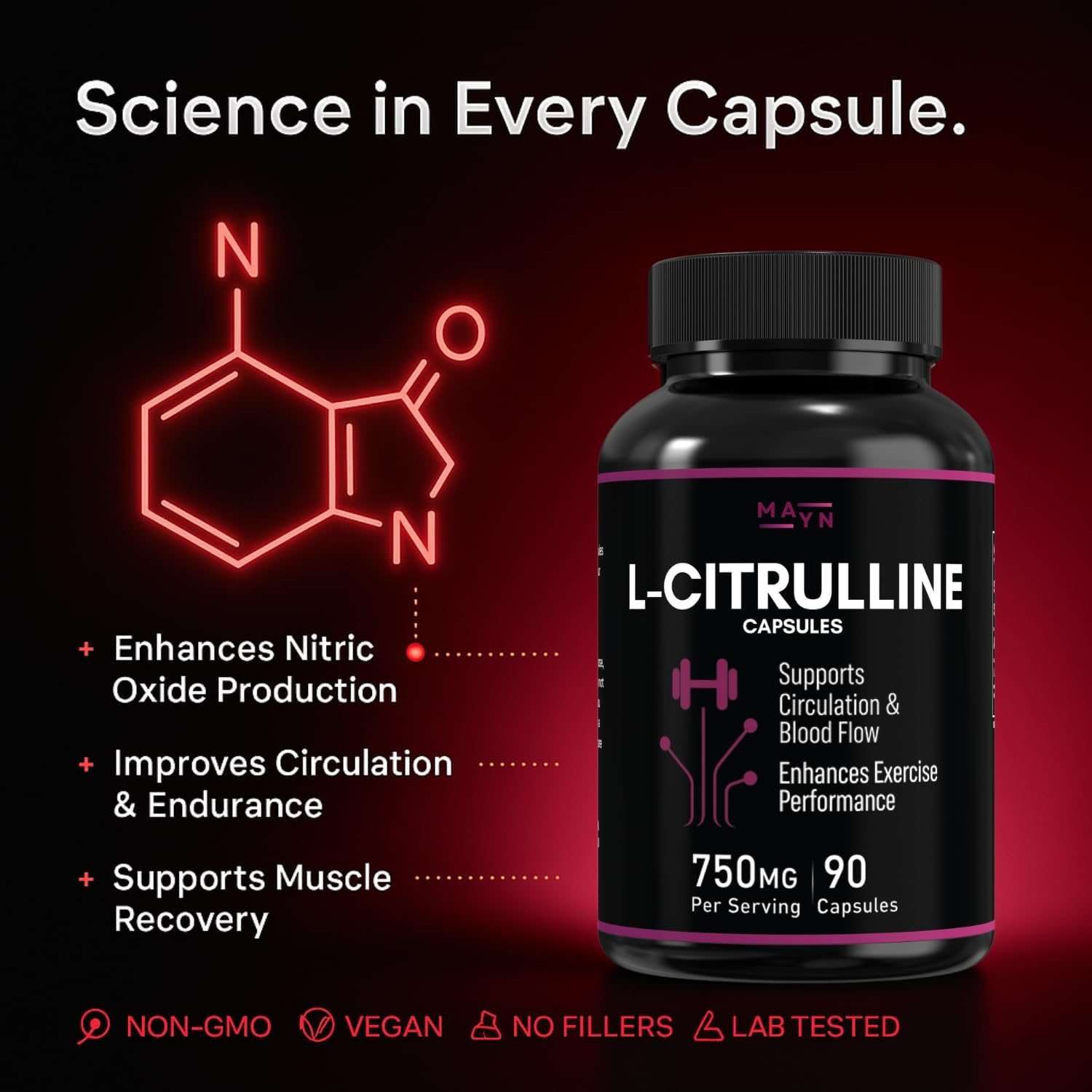 L-Citrulline 750Mg &ndash; Vegan Capsules | Pre-Workout Amino Acid | Non-Gmo, Gluten-Free, No Fillers | Circulation Formula by MAYN image number 6