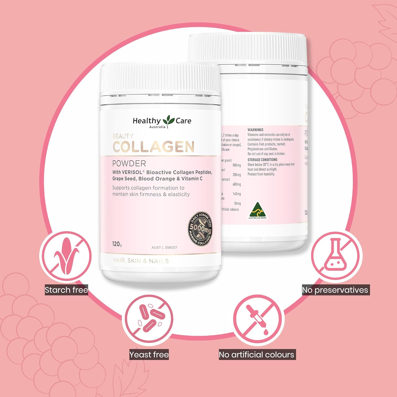 Healthy Care Beauty Collagen Powder - Infused with VERISOL, Vitamin C, Grape Seed, and Blood Orange - Supports Skin Elasticity and Firmness, Enhances Hair and Nail Strength - All Natural Ingredients