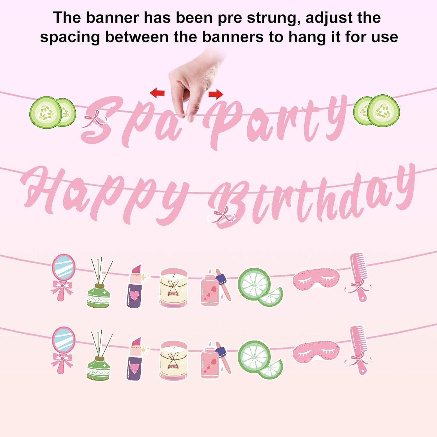 Tinoaly Spa Party Decorations, Pre-Strung Pink Happy Birthday Banner & Sign Perfect for Girls Women Spa Day Sleepover Slumber or Makeup Theme Birthday Party Supplies image number 1