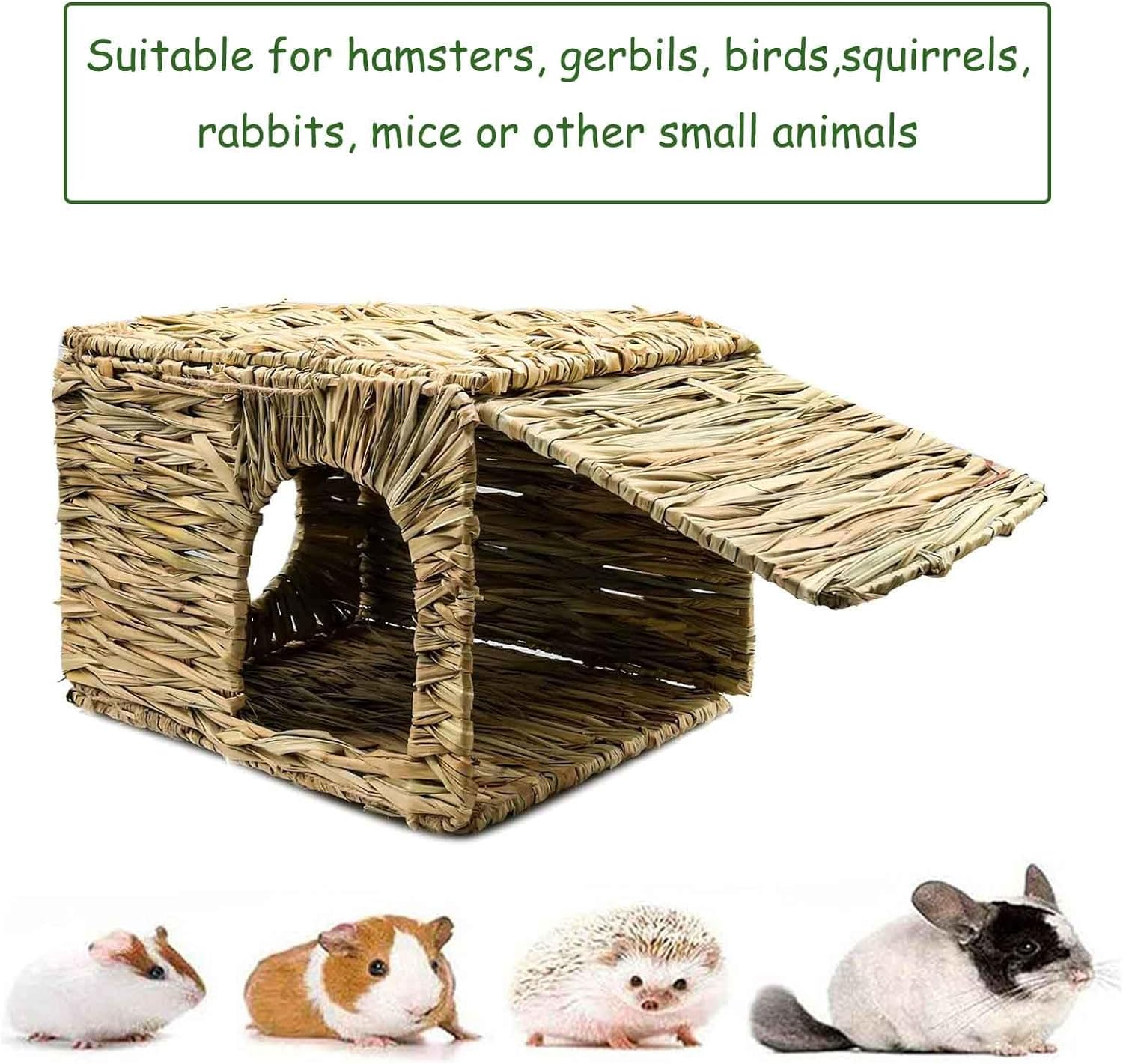 Rabbit Grass House,Natural and Comfortable Hiding Place,Rabbit Bed with Straw Mat,Carrot Chewing Toy,Apple Bark,Grass House for Rabbits,Guinea Pigs,Squirrels,Edible Rabbit Hideaway with Chewing Toys image number 6