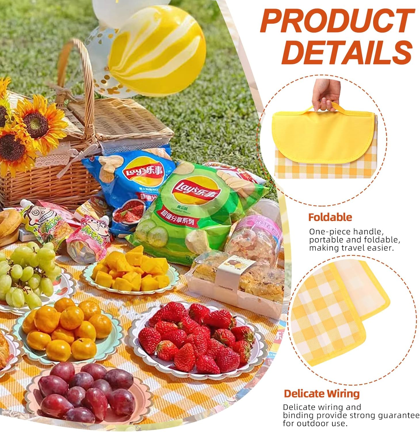 Tanstic Outdoor Picnic Blanket, 79" X 79" Extra Large Waterproof Foldable Beach Mat with Carry Strap for Camping Park (Yellow & White Lattice) image number 6