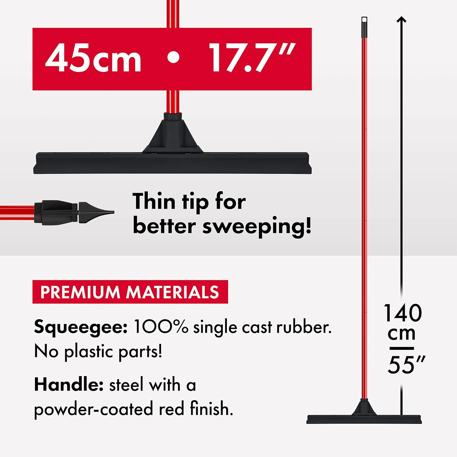 Tyroler Bright Tools Floor Squeegee Heavy Duty 46 Cm, Solid 100% Natural Rubber, Long 4 Parts Handle 140 Cm - Dries Flat and Curved Surfaces - Best for Washing,Drying,Bathroom,Wet Room,Floor image number 2