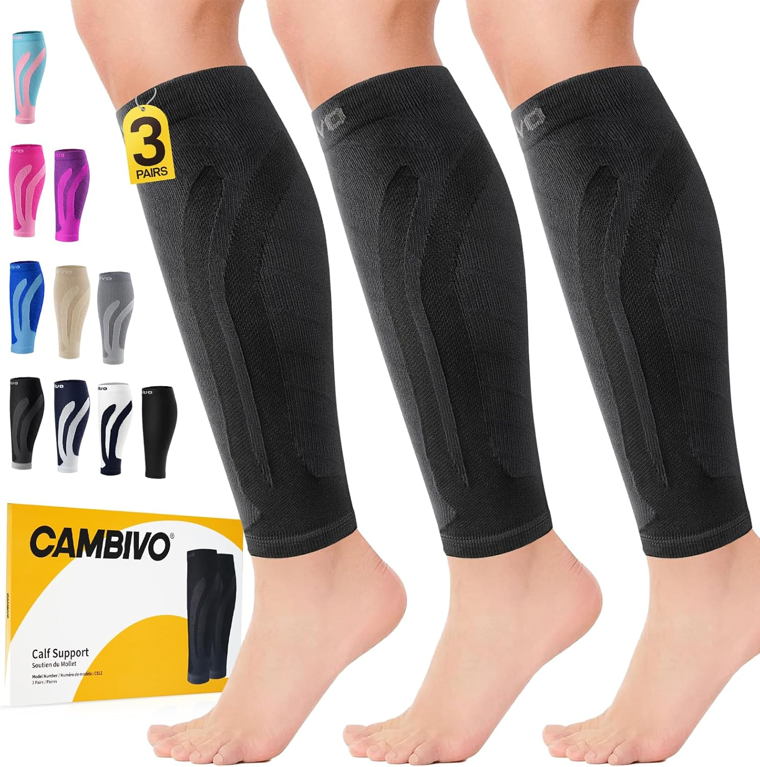 CAMBIVO 3 Pairs Calf Compression Sleeve (20-30 Mmhg) for Men and Women，Lower Leg Compression Sleeve for Running, Shin Splint, Calf Cramps, Varicose Veins, Swelling image number 2
