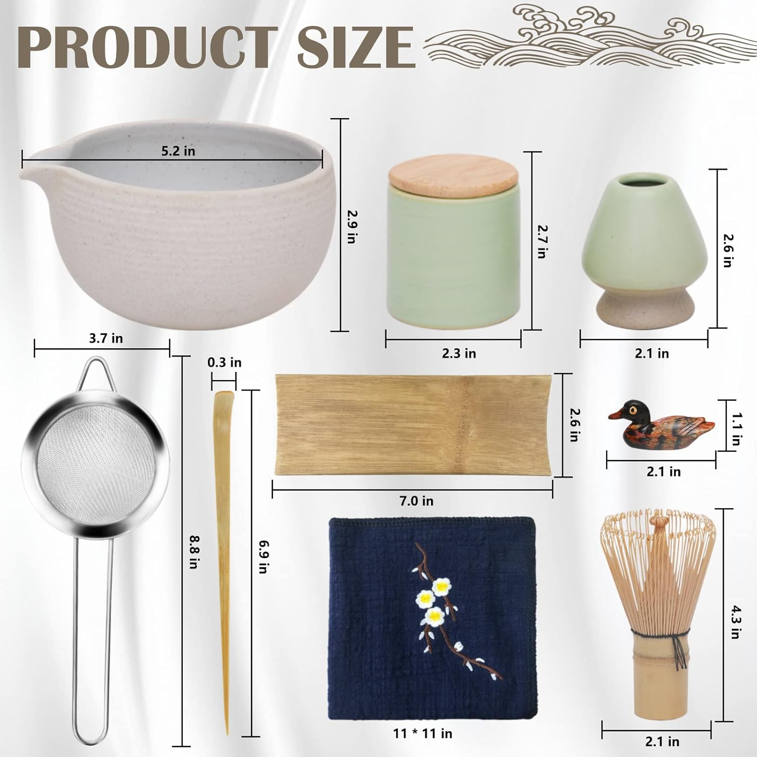 Artcome Japanese Matcha Tea Set, Bowl with Pouring Spout, Whisk, Tea Scoop, Ceramic Whisk Holder, Matcha Powder Caddy, Handmade Matcha Ceremony Kit for Japanese Tea Ceremony (9Pcs)