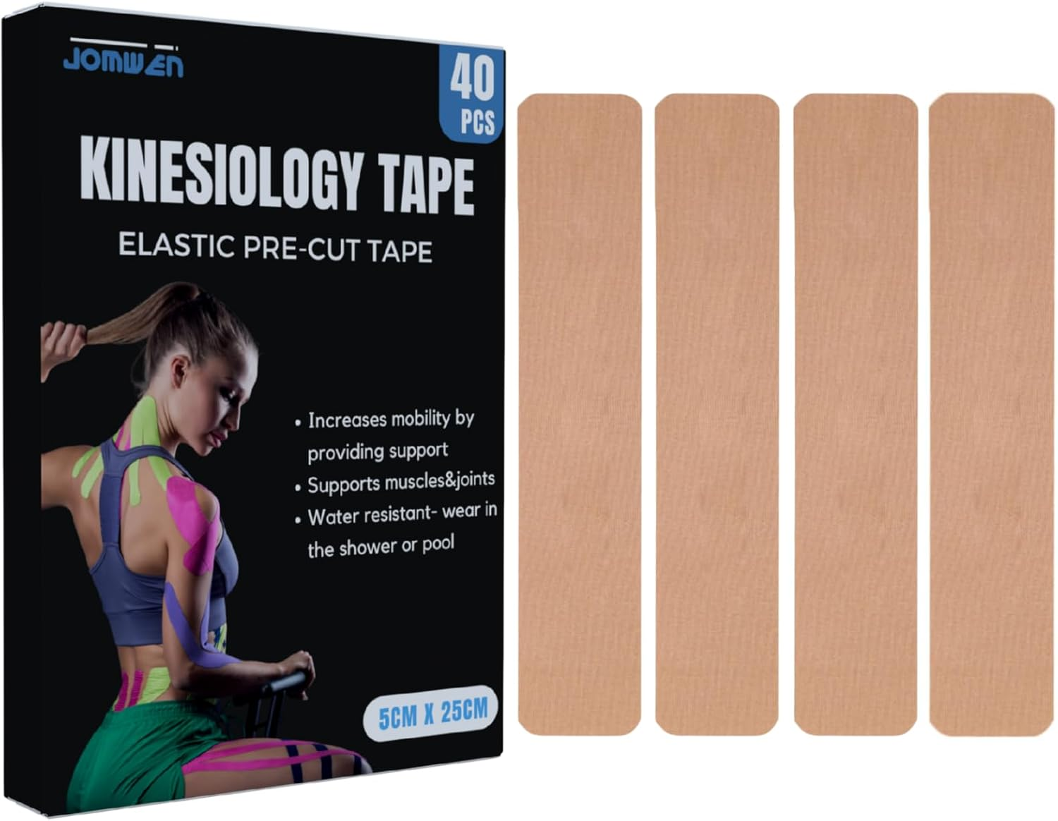 Kinesiology Tape 40 PCS Pre-Cut, JOMWEN Cotton Elastic Athletic Sports Tape Latex Free, Hypoallergenic Waterproof K Tape for Muscle Pain Relief, Joint Support, Physical Therapy (Beige) image number 5