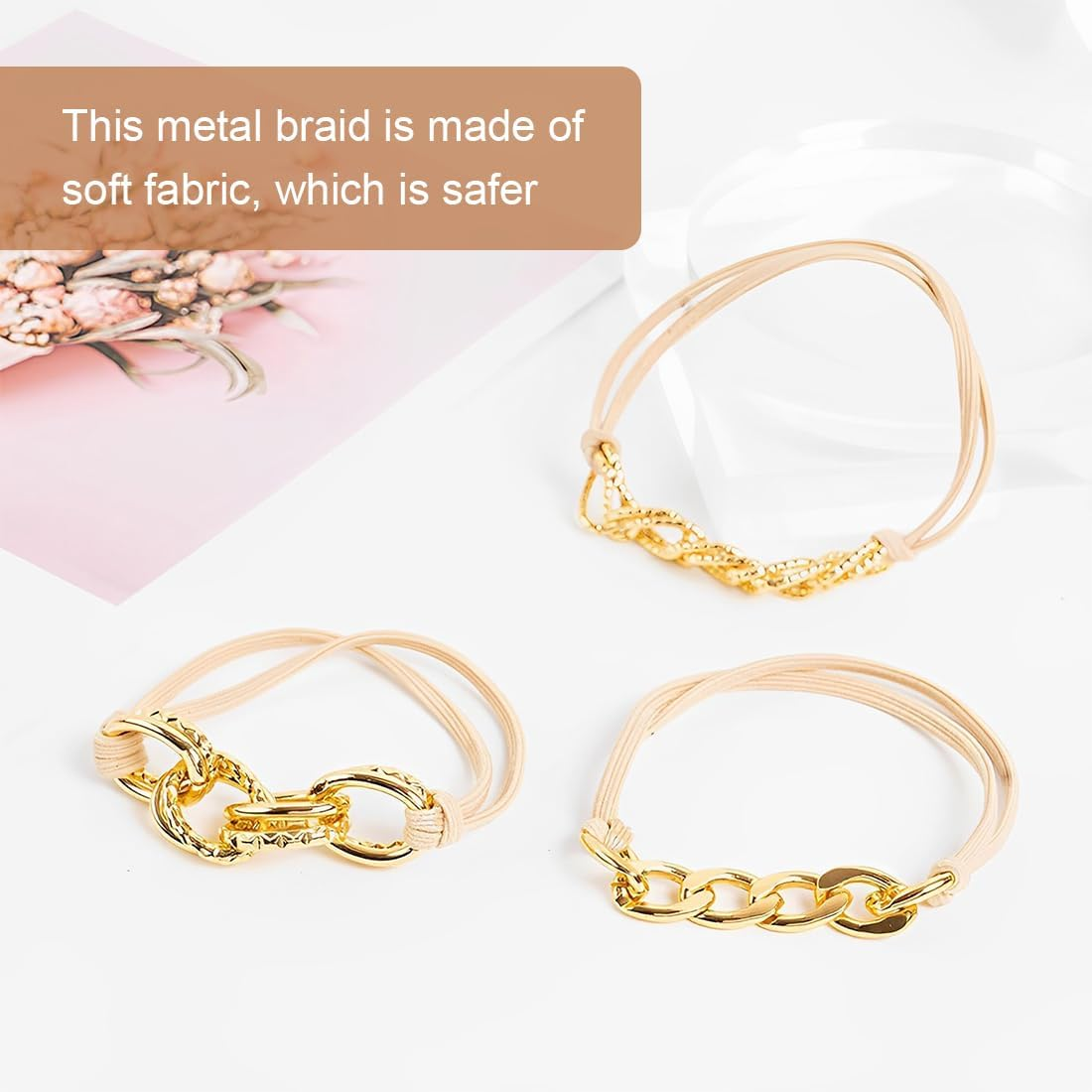 Pack of 3 Hair Bobbles for Women, Metal Chain, Hair Circle Ponytail Holder, Elastic Ponytail Holder Headbands image number 2