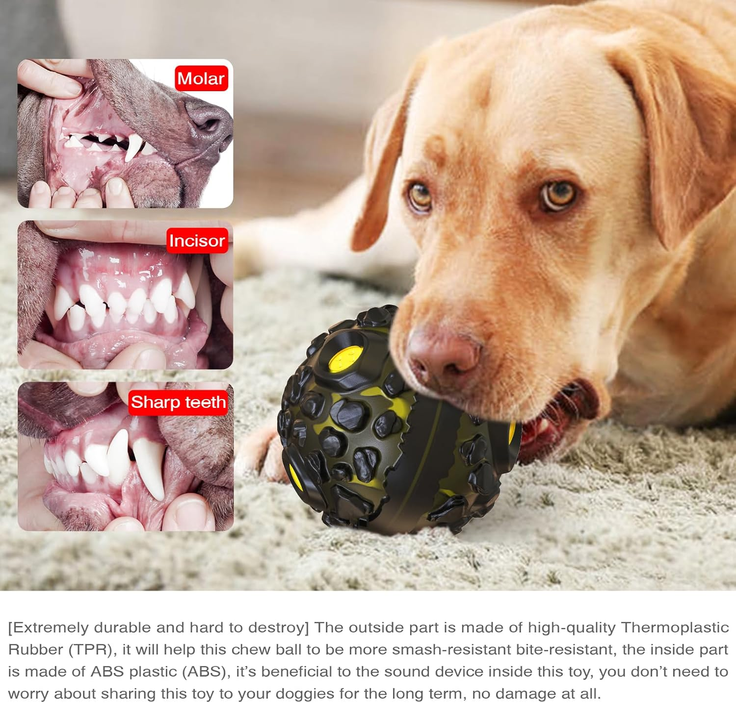 Indestructible Dog Chew Toy Ball for Aggressive Chewers &ndash; Durable & Interactive Dog Toy for Large & Small Dogs, Puppy Teething Toy, Long-Lasting & Fun (Black with Yellow) image number 2