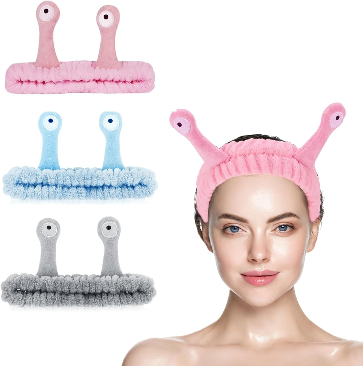 Snail Face Washing Headband, Pack of 3 Face Washing Headband, Snail Spa Headband, Coral Fleece for Make-Up, Beauty, Skin Care, Sports (Grey Pink Blue) image number 4
