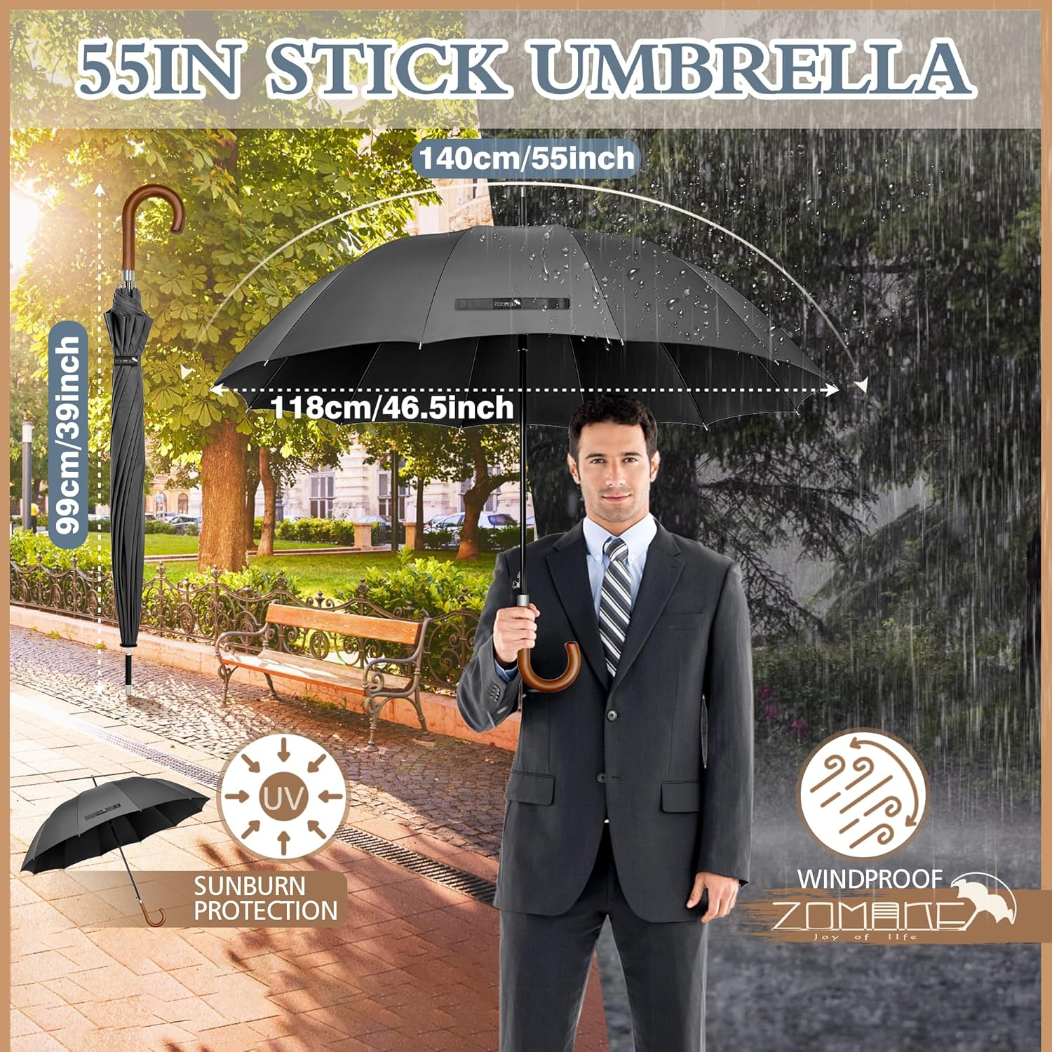 ZOMAKE Large Stick Golf Umbrella with Wood Hook Handle 12 Ribs - Automatic Open Classic Umbrellas Windproof Wooden Handle - Curved Handle Umbrella Cane, Long Umbrella with J Hook for Women Men - Black image number 3
